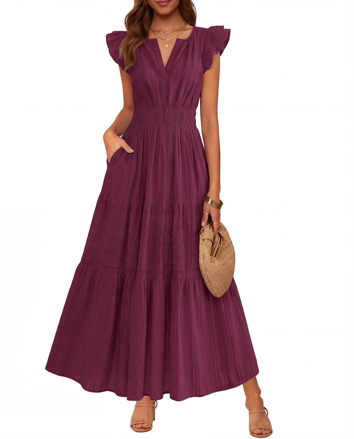 BTFBM Womens Summer Casual Ruffle Sleeve Maxi Dress