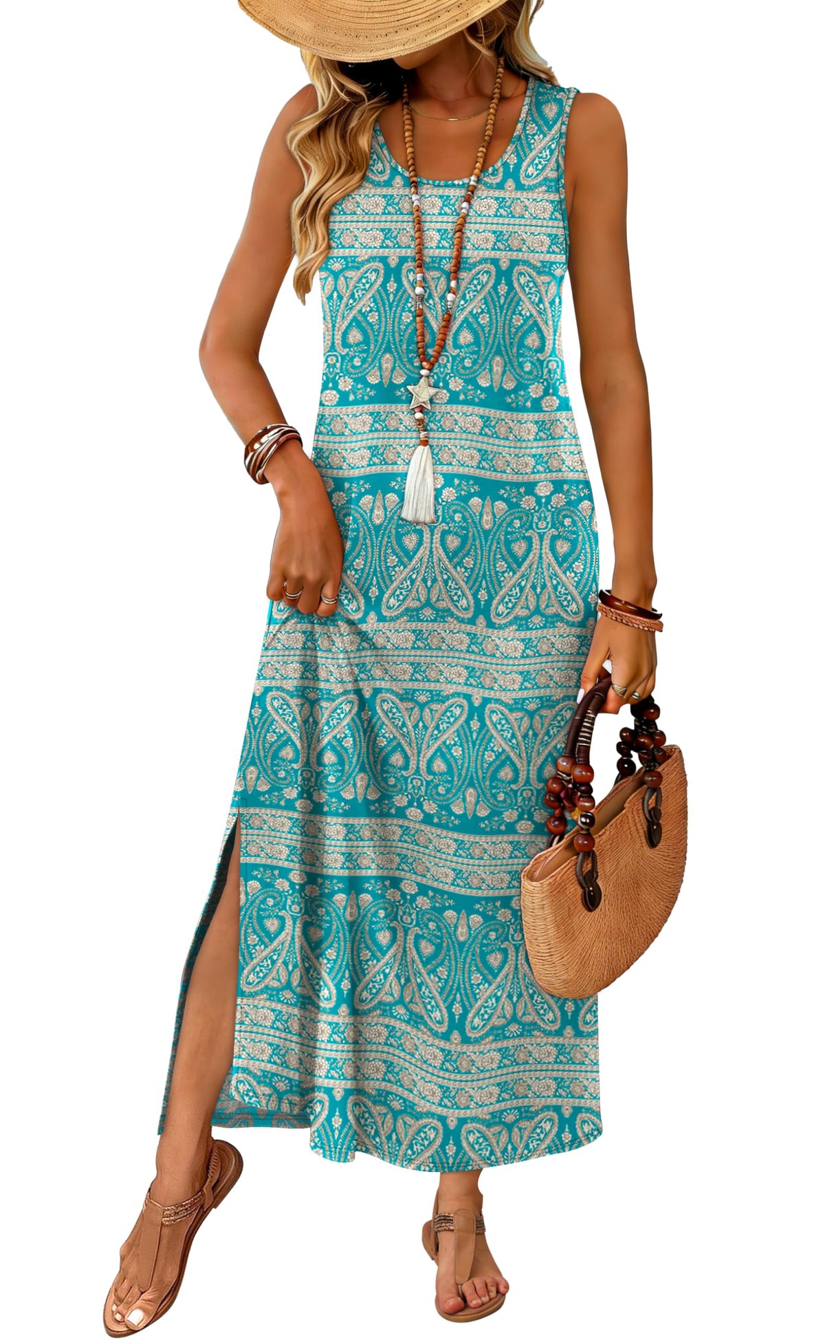 WIHOLL Maxi Dress Summer Dresses 2026 Beach Vacation Clothes Sleeveless Sundresses with Pockets Boho S-3XL