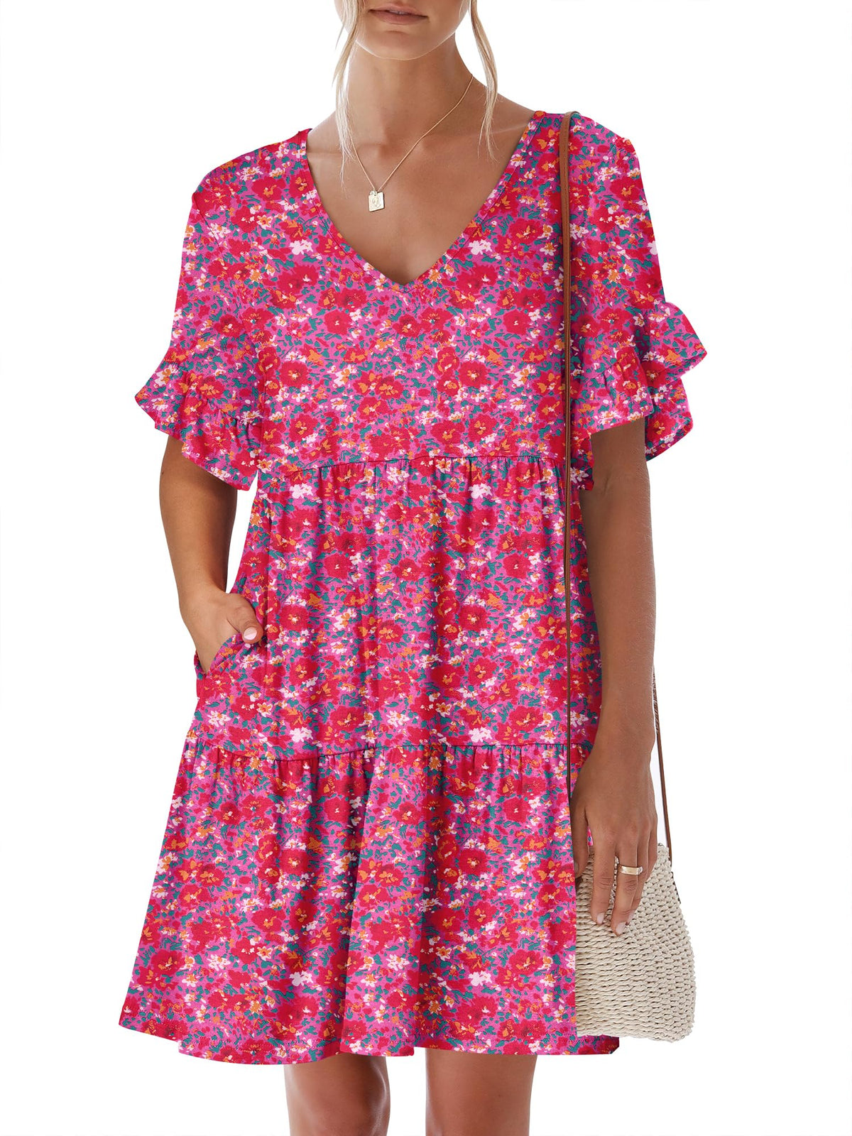 ANRABESS Dresses for Women Summer 2026 V Neck Ruffle Sleeve A Line Tiered Flowy Casual Trendy Mini Beach Dress with Pockets