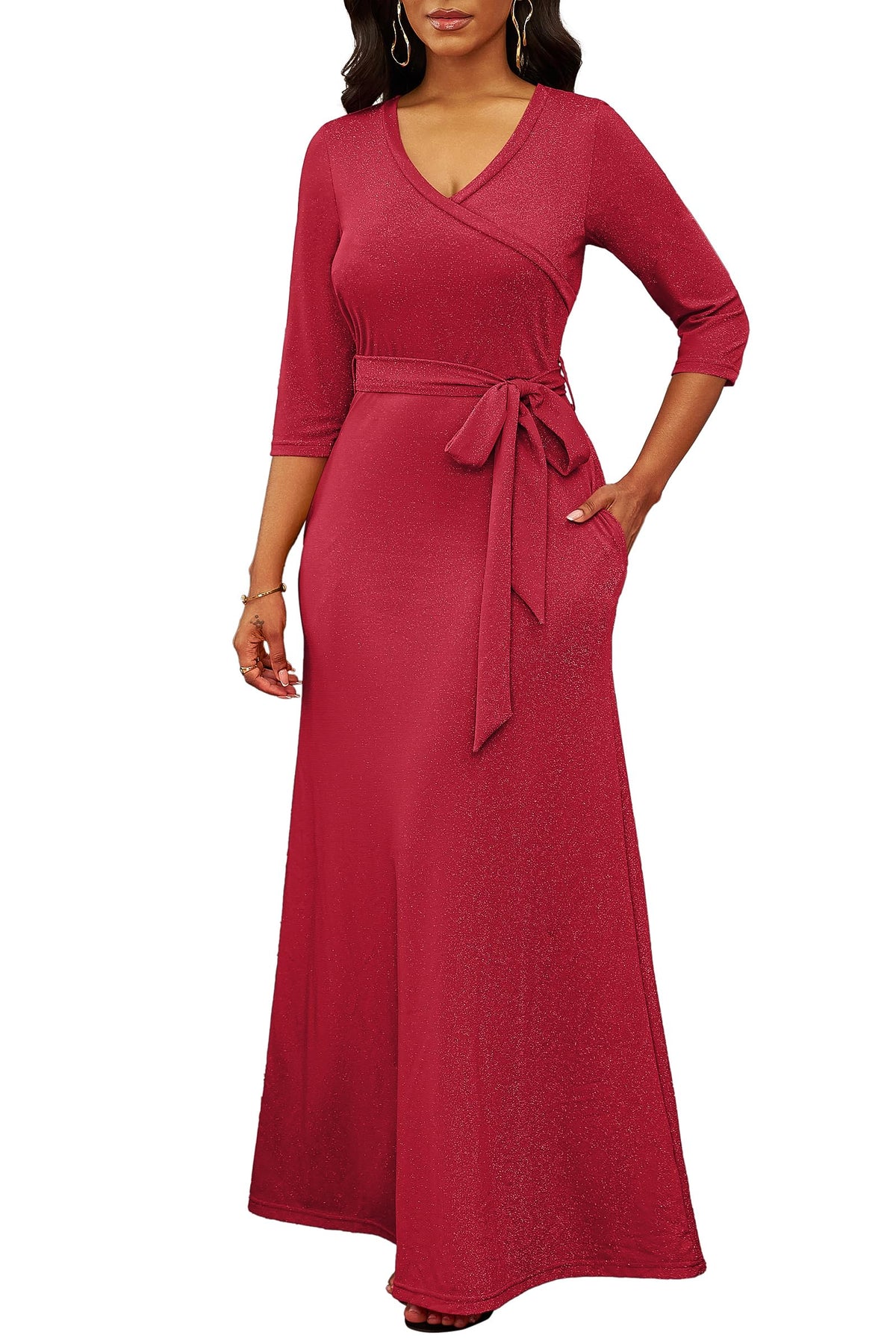 FANDEE Women's 2026 Maxi Dress - Solid Color Bohemian Summer Long Maxi Dress V-Neck 3/4 Sleeve