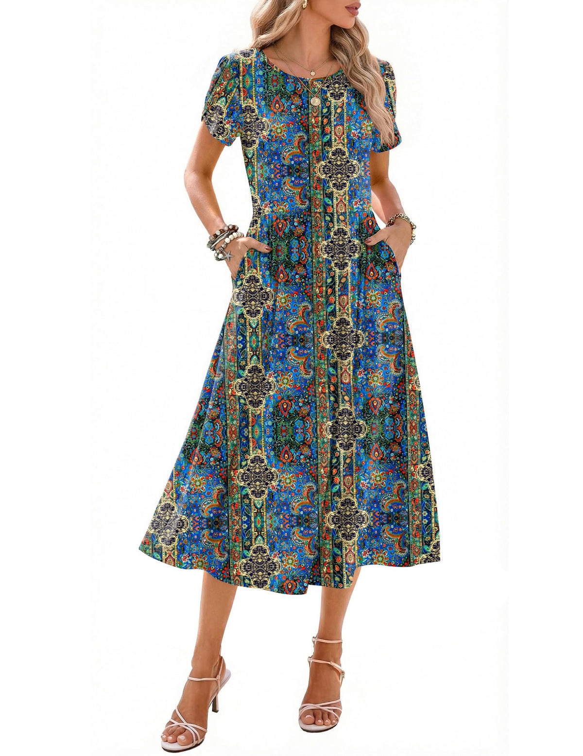 Zeagoo Womens Summer Dresses Casual Aline Midi Dress Short Sleeve Floral Tshirt Dress Flowy Beach Sundresses with Pockets
