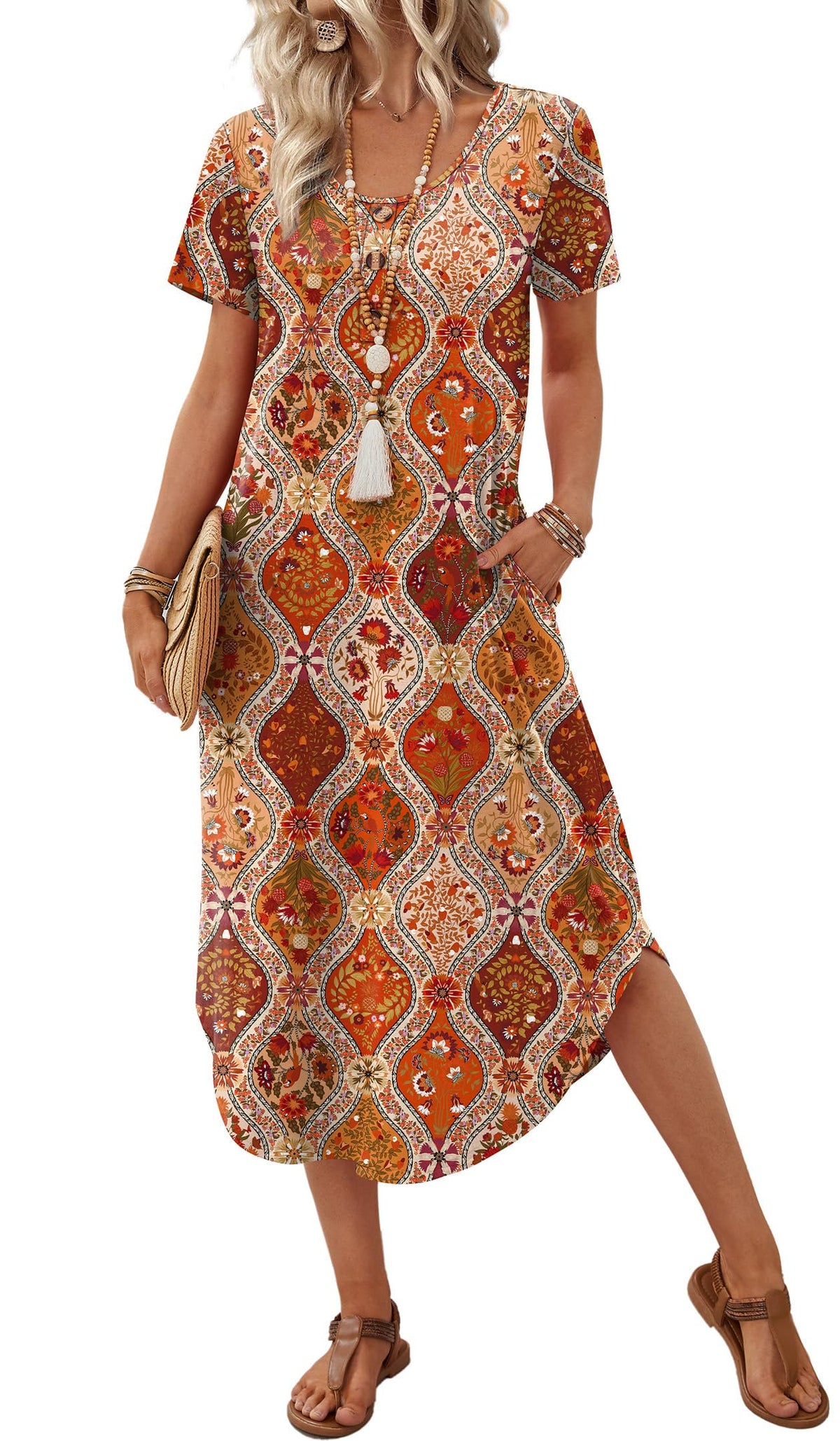 OFEEFAN Summer Dresses for Women 2026 Casual Midi Dresses Beach Vacation Outfits Tshirt Dress with Pockets Resort Wear