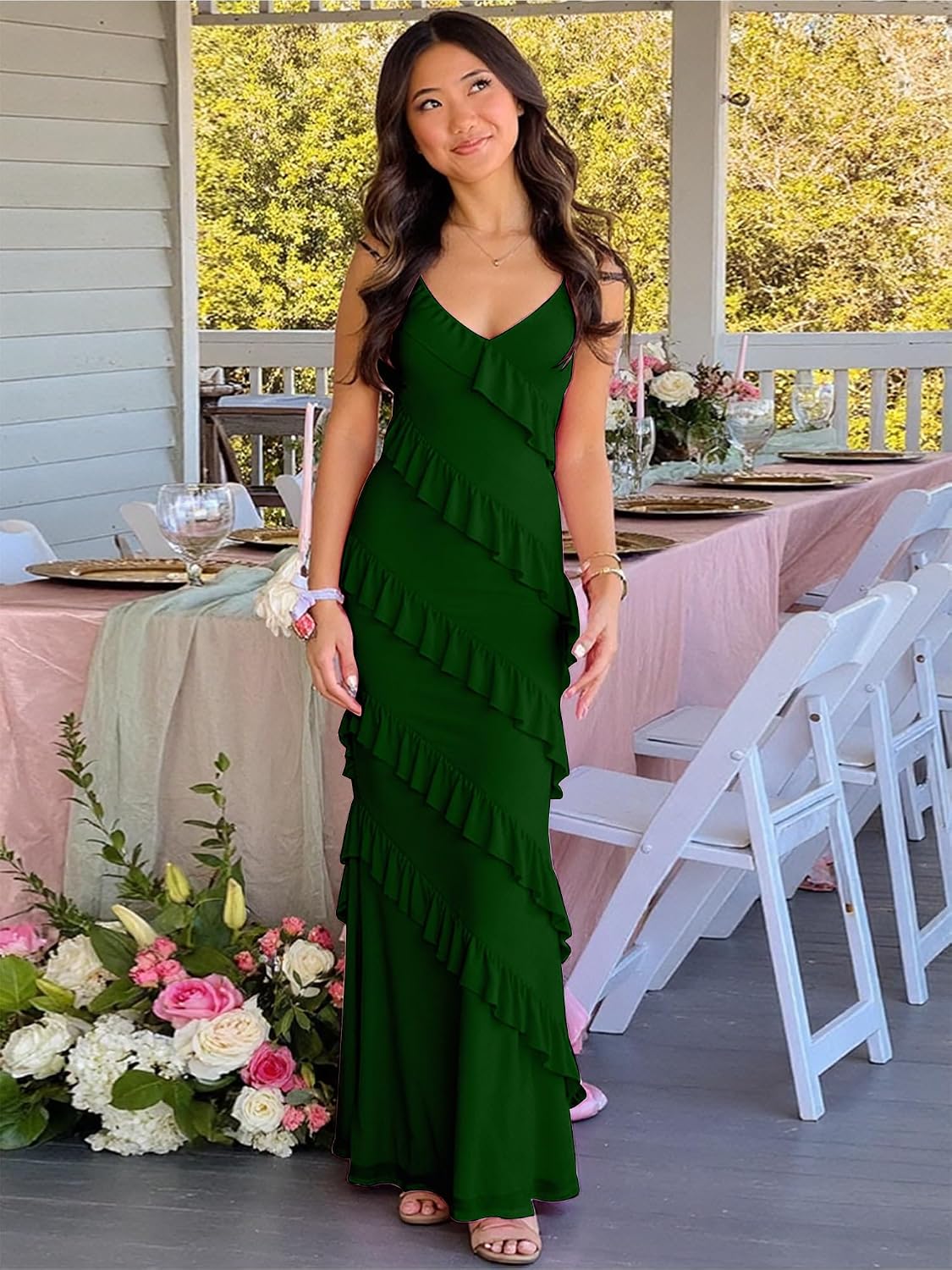 HOCILLE Women's Sexy V Neck Mesh Bodycon Wedding Guest Cocktail Maxi Dress