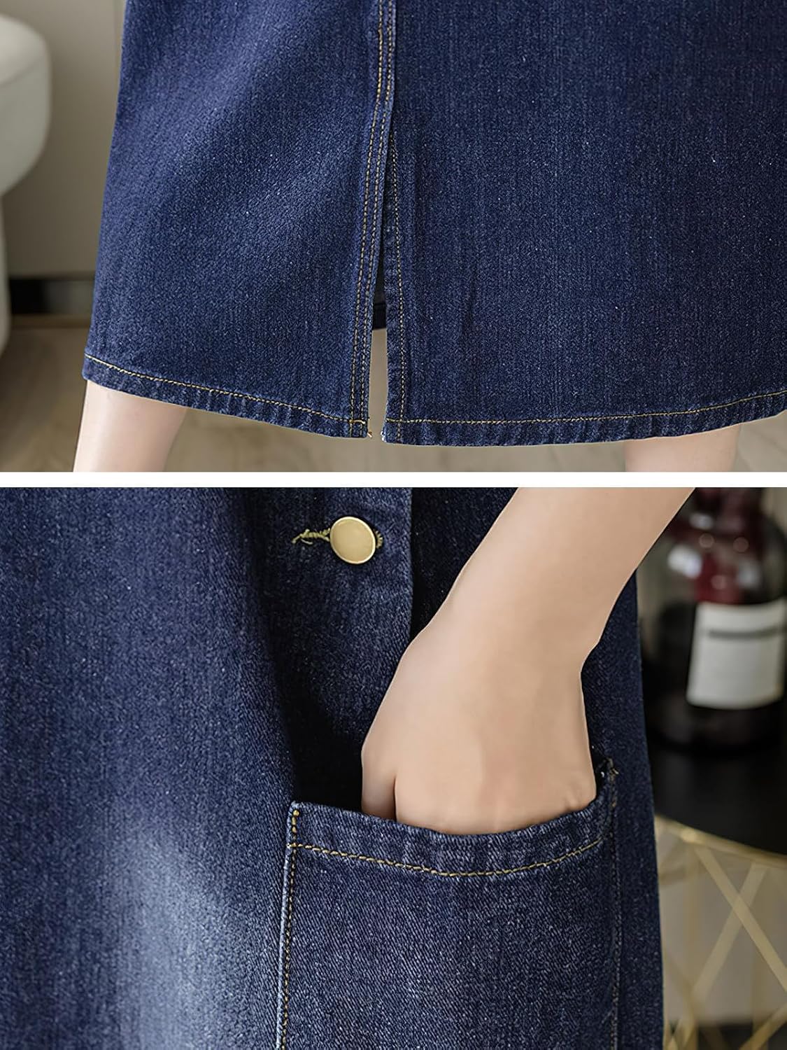ebossy Women's Patchwork Denim Bib Overall Casual Button Jean Maxi Long Pinafore Dress With Pocket