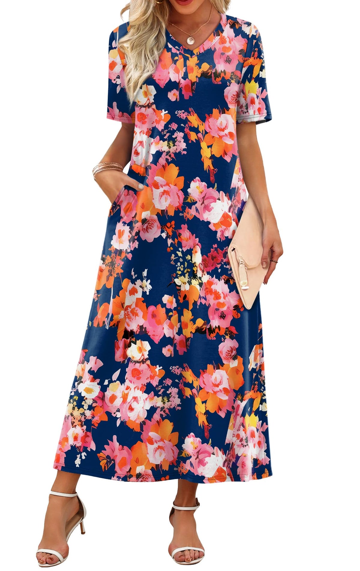 WIHOLL Women's Maxi Dresses V Neck Vacation Beach Sundresses Floral Travel Summer Dress