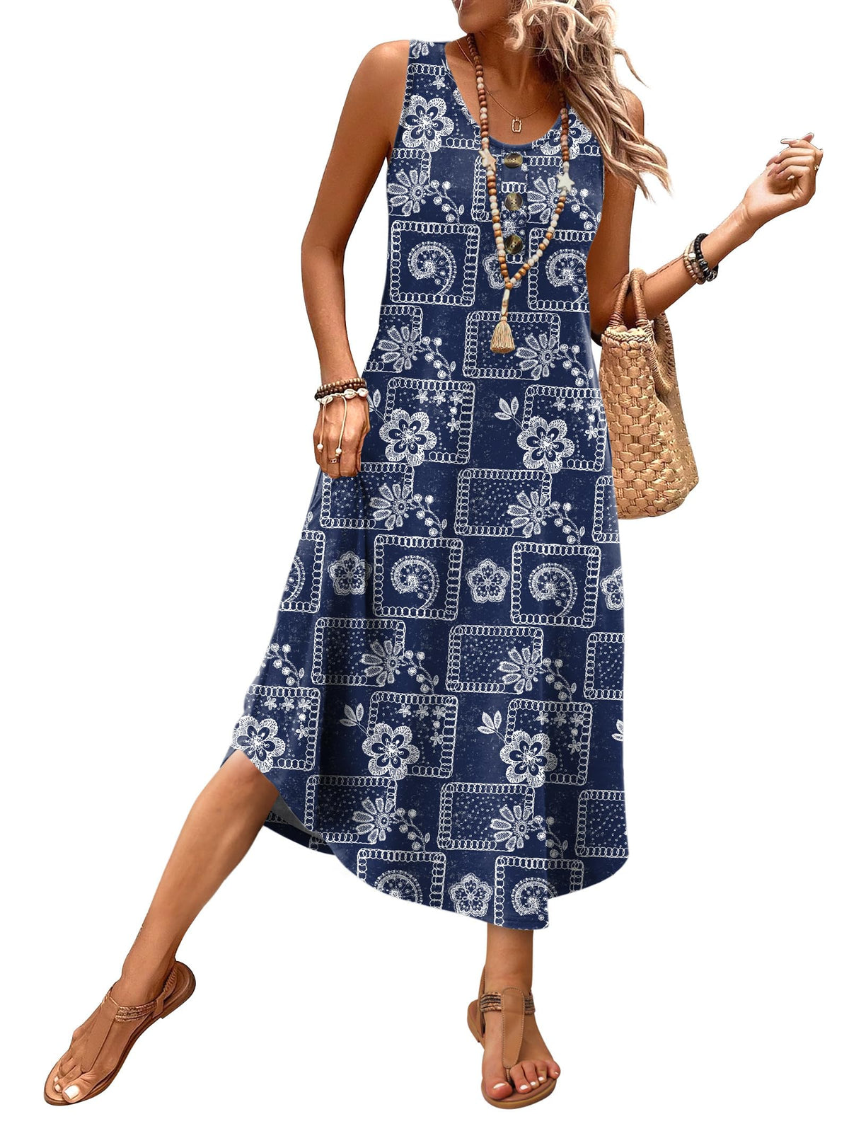 WIHOLL Summer Dresses for Women 2026 Button Front Sleeveless Casual Midi Dress Beach Vacation Sundresses with Pockets