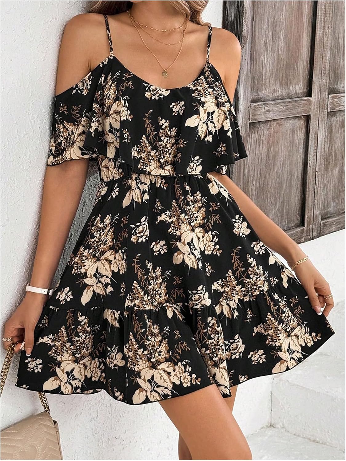 SOLY HUX Women's Summer Floral Mini Dress Cold Shoulder Ruffle Dresses