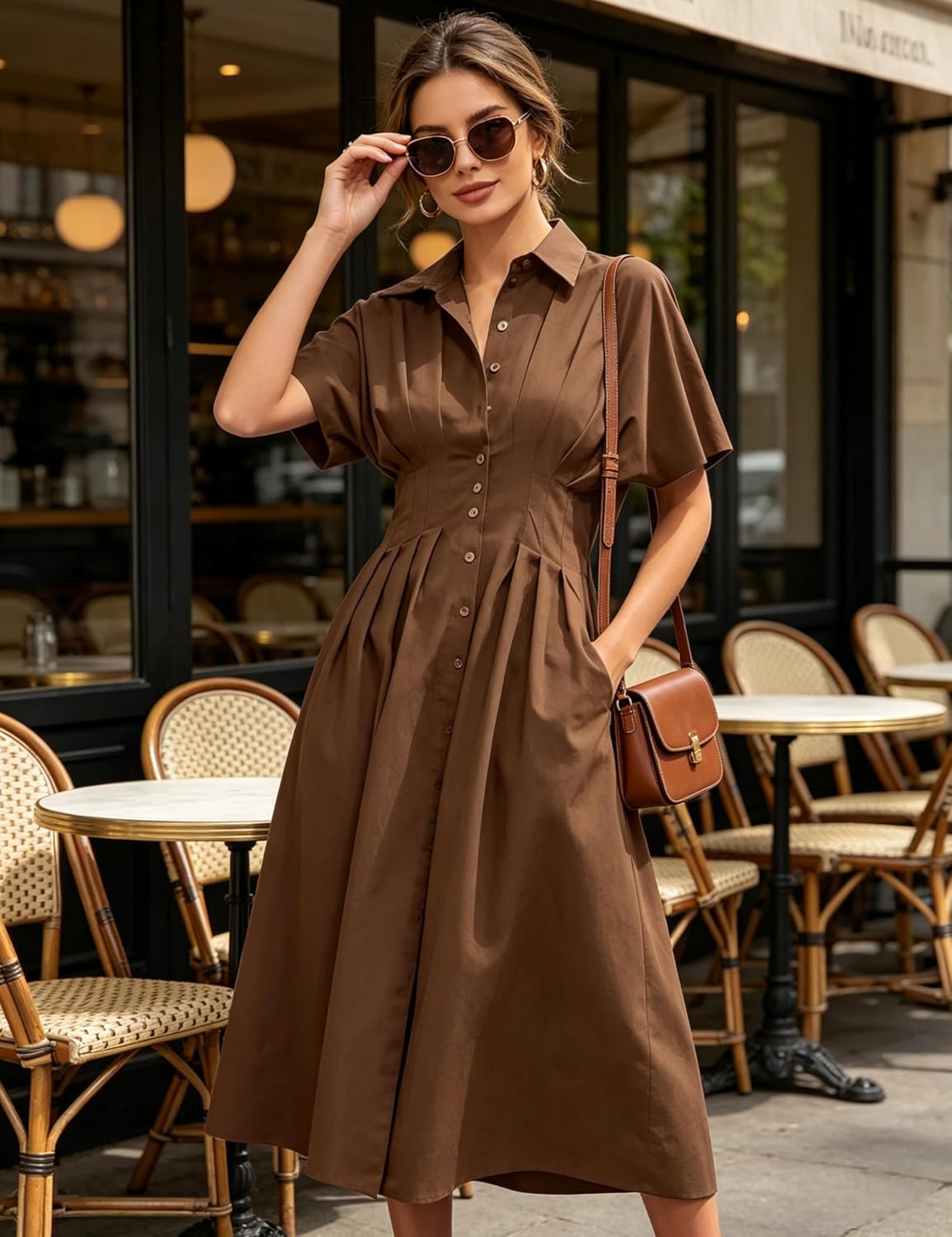 Yeokou Shirt Dress for Women Summer Casual Short Sleeve Button Down Loose Pleated Maxi Sundress with Pockets