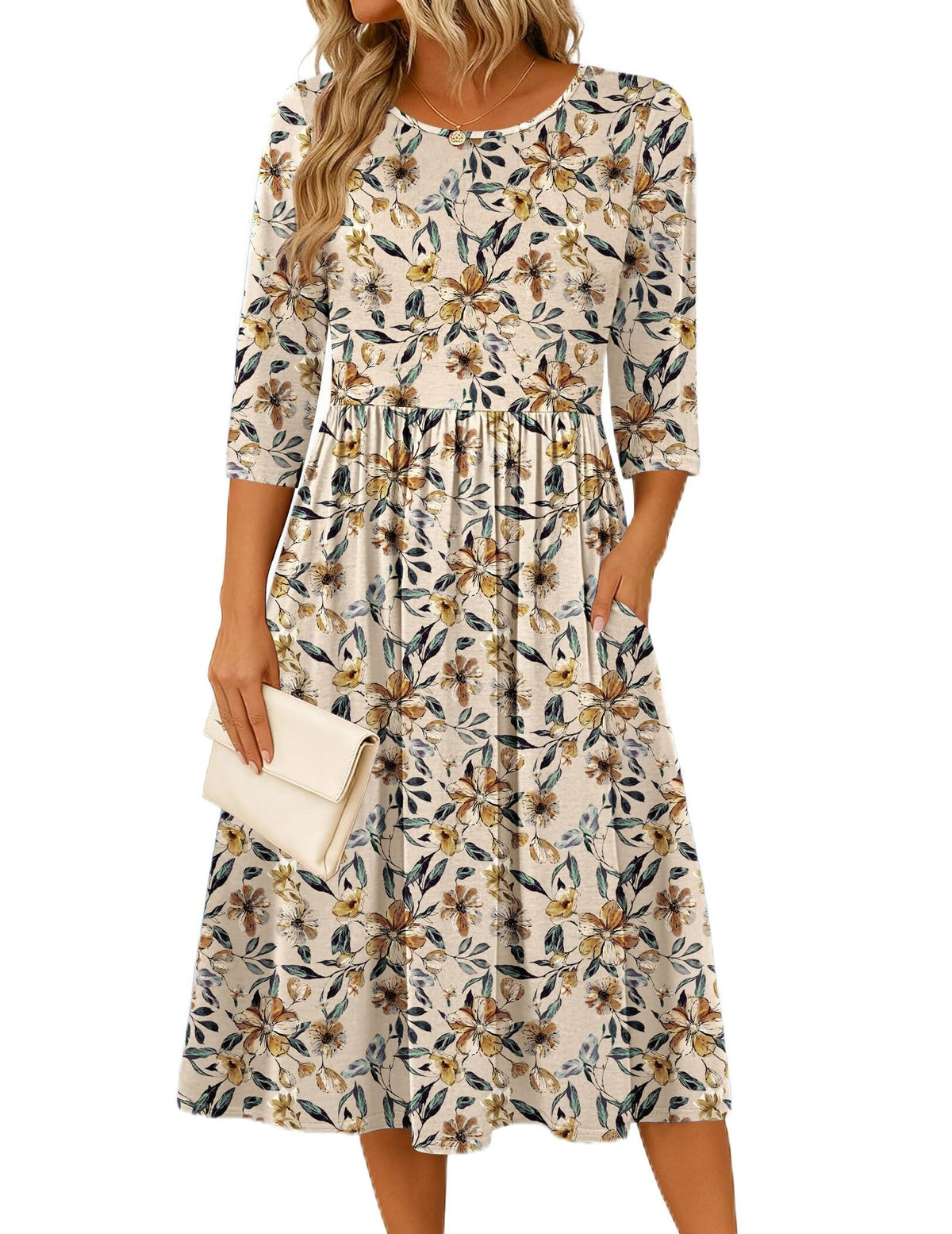 Zeagoo 3/4 Sleeve Women's Dress Casual Aline Summer Fall Midi Long Dresses
