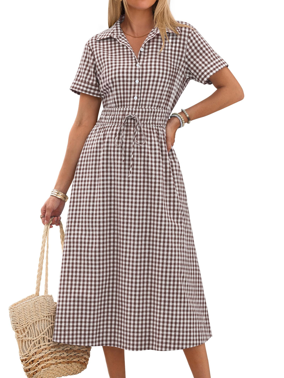 ANRABESS Women Summer Short Sleeve Midi Dress, Striped & Gingham, Casual A-Line Button Collar Shirt Dress, Beach & Vacation