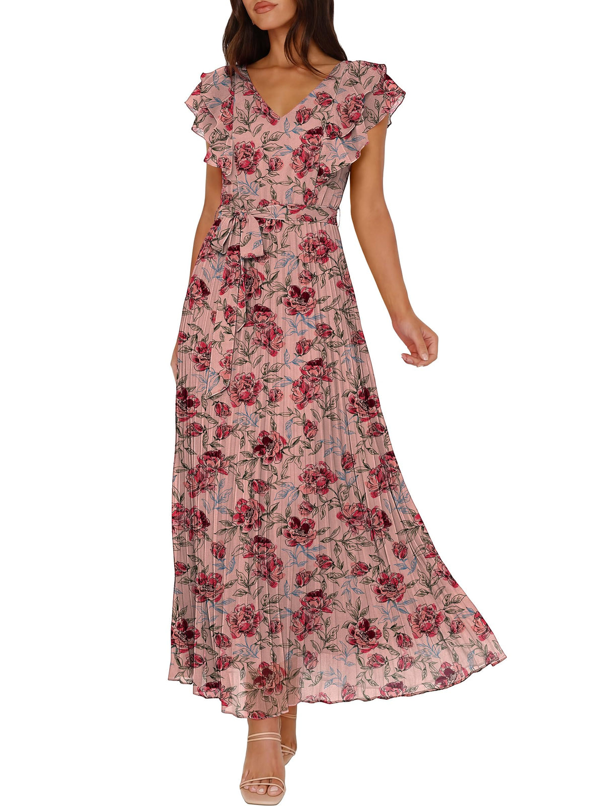 ANRABESS Women V Neck Ruffle Sleeve Floral Pleated Maxi Dresses Summer Boho Belt Empire Waist Wedding Guest Party Flowy Dress