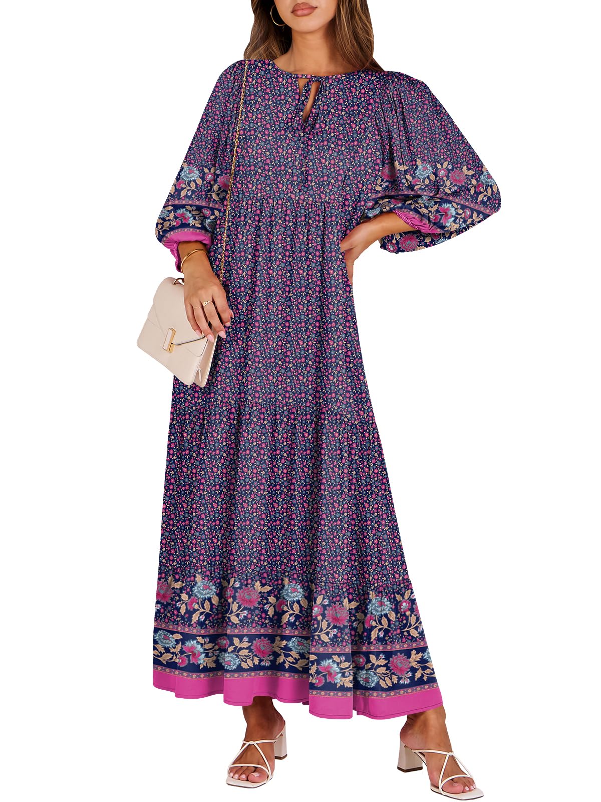 ANRABESS Womens Boho Floral 3/4 Puff Sleeve Maxi Dress