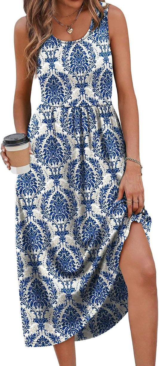 WIHOLL Summer Dresses for Women Flowy Casual Midi Dress Beach Vacation Sundresses with Pockets