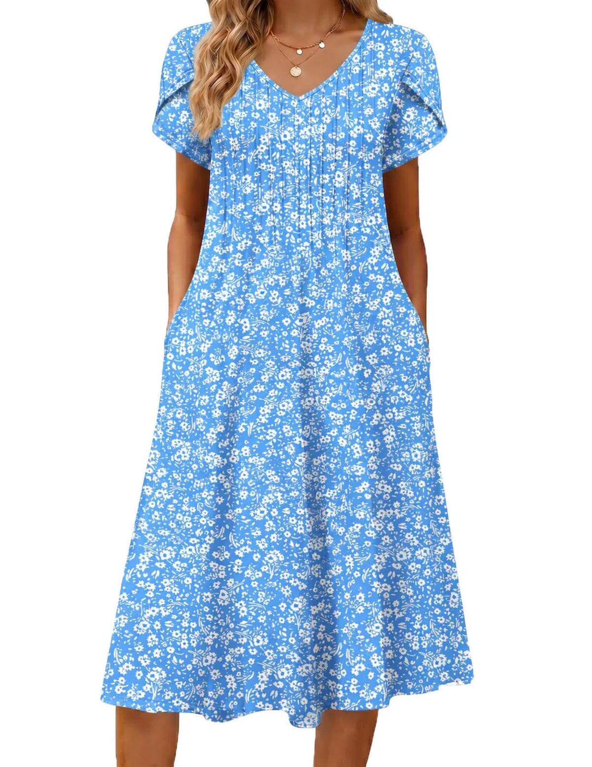 Zeagoo Womens Casual Summer Dress 2026 Short Sleeve Dresses Pleats Midi A Line Flowy Dress Boho Beach Sundress with Pockets