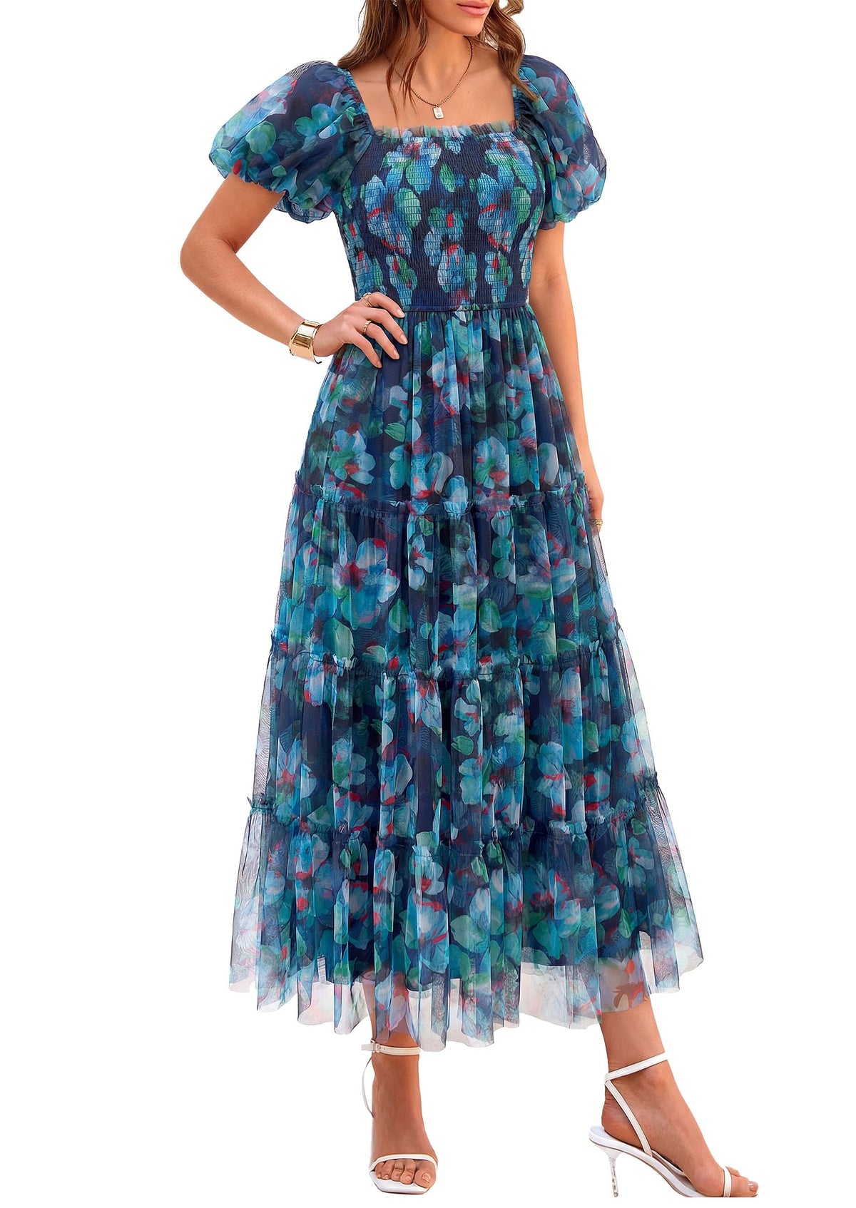PRETTYGARDEN Women's Summer Smocked Midi Tulle Dress