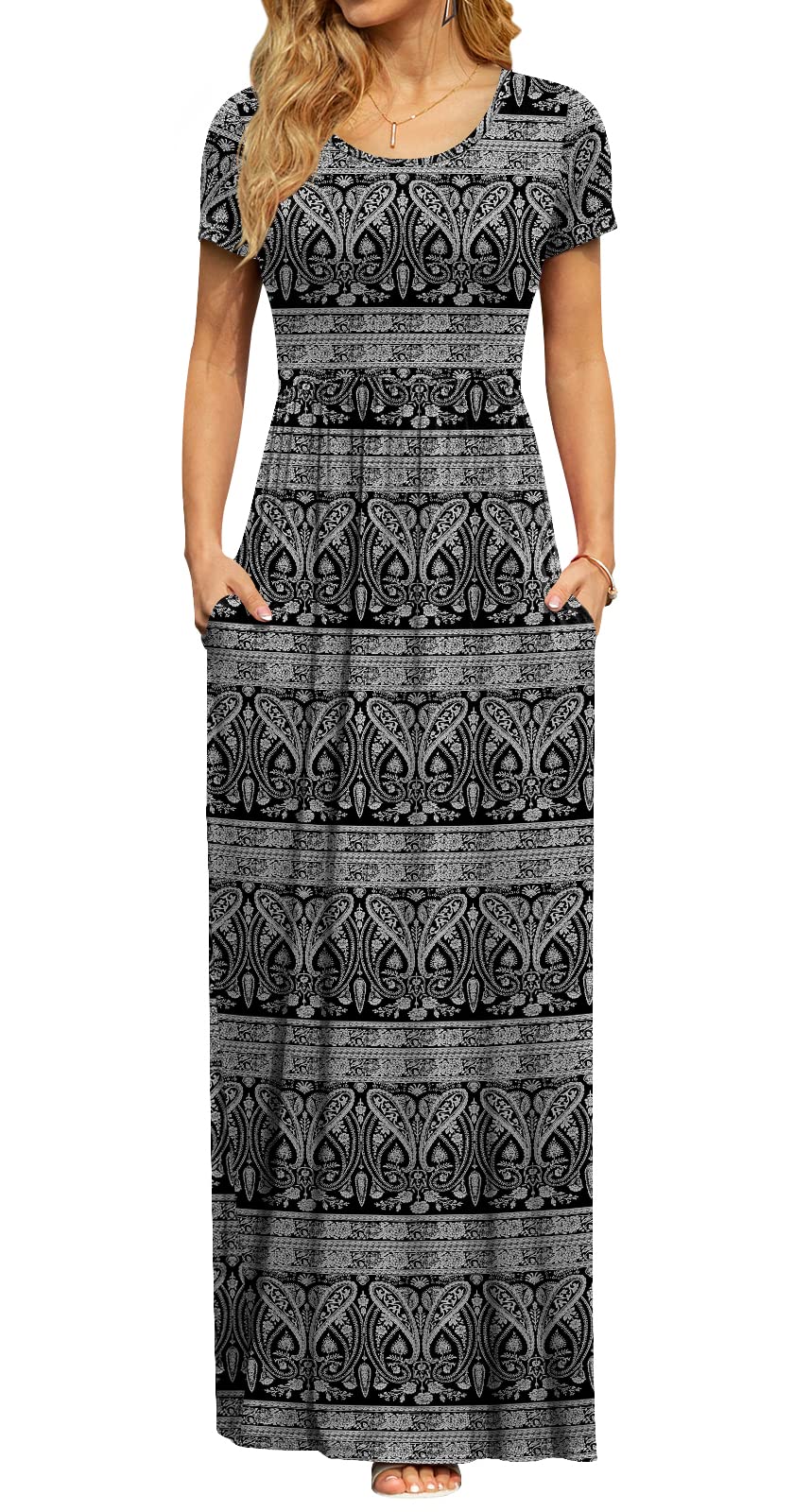 DB MOON Women's Summer Maxi Dress Casual Short Sleeve Empire Waist Pockets
