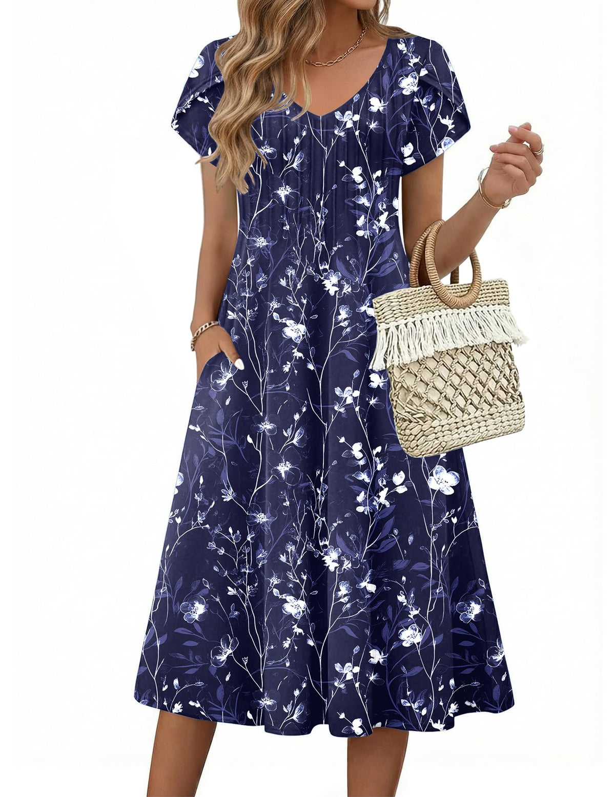 Zeagoo Womens Casual Summer Dress 2026 Short Sleeve Dresses Pleats Midi A Line Flowy Dress Boho Beach Sundress with Pockets