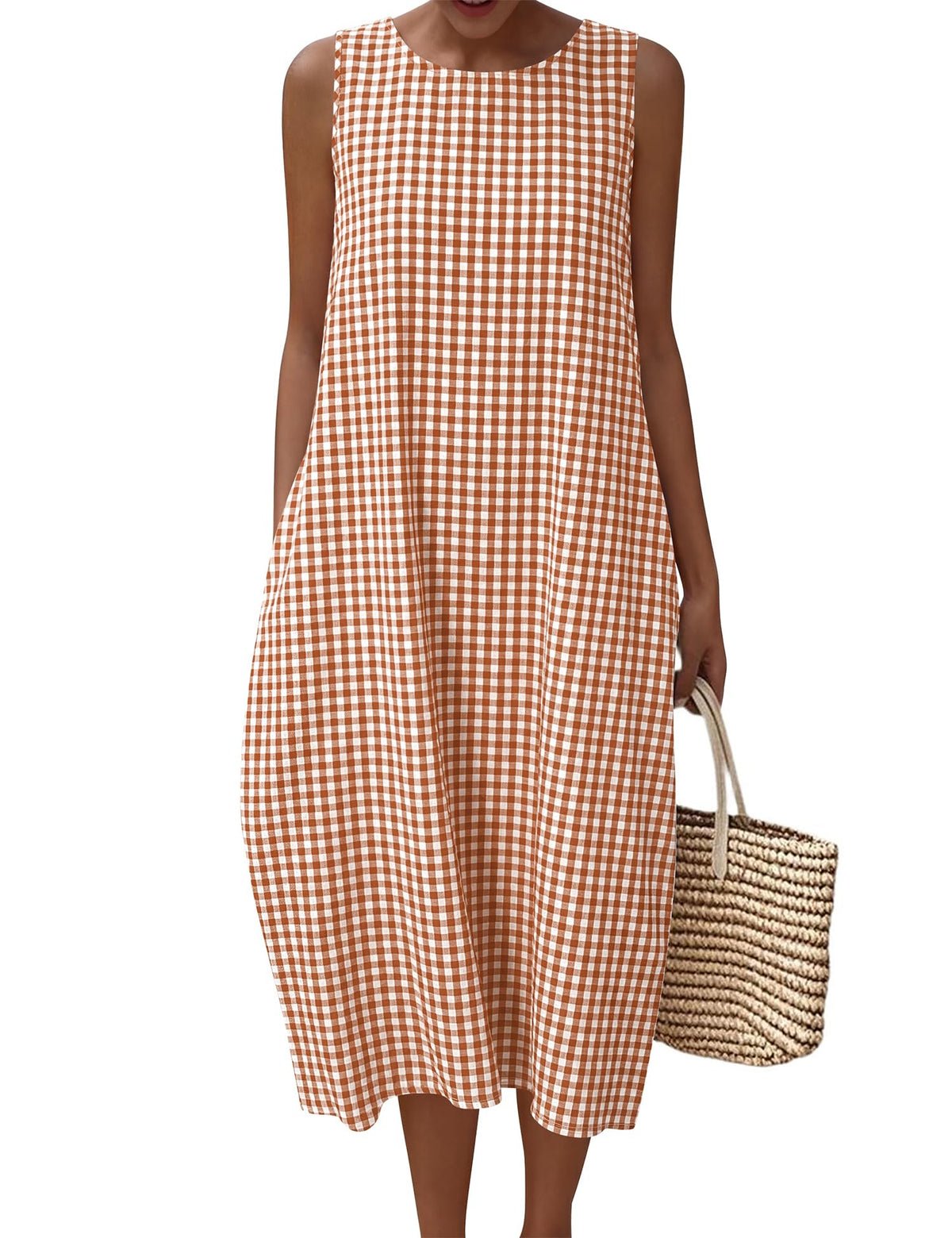 LOMON Womens Summer Sleeveless Dress Cotton Gingham Striped with Pockets