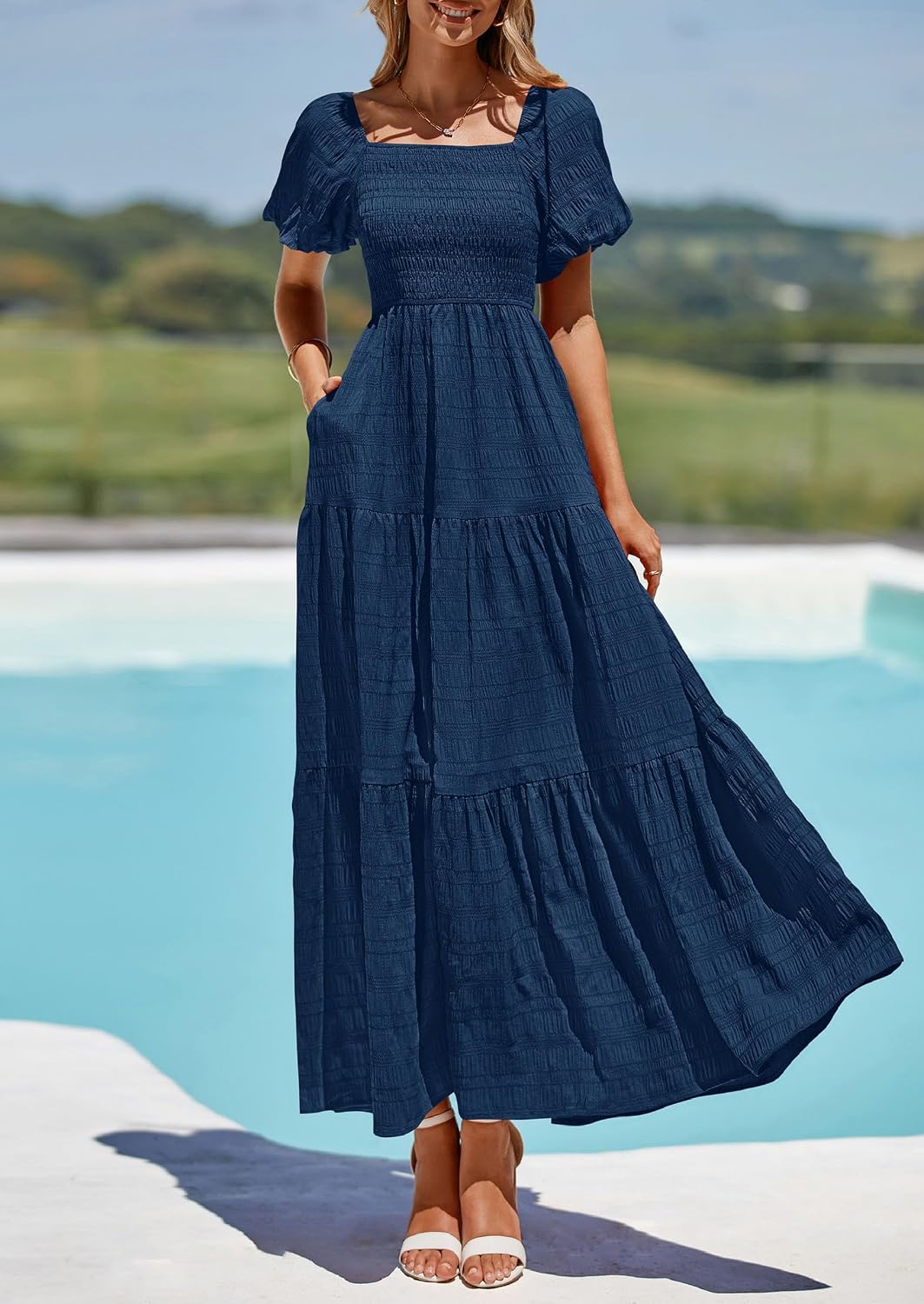 PRETTYGARDEN Womens Puff Short Sleeve Maxi Dress
