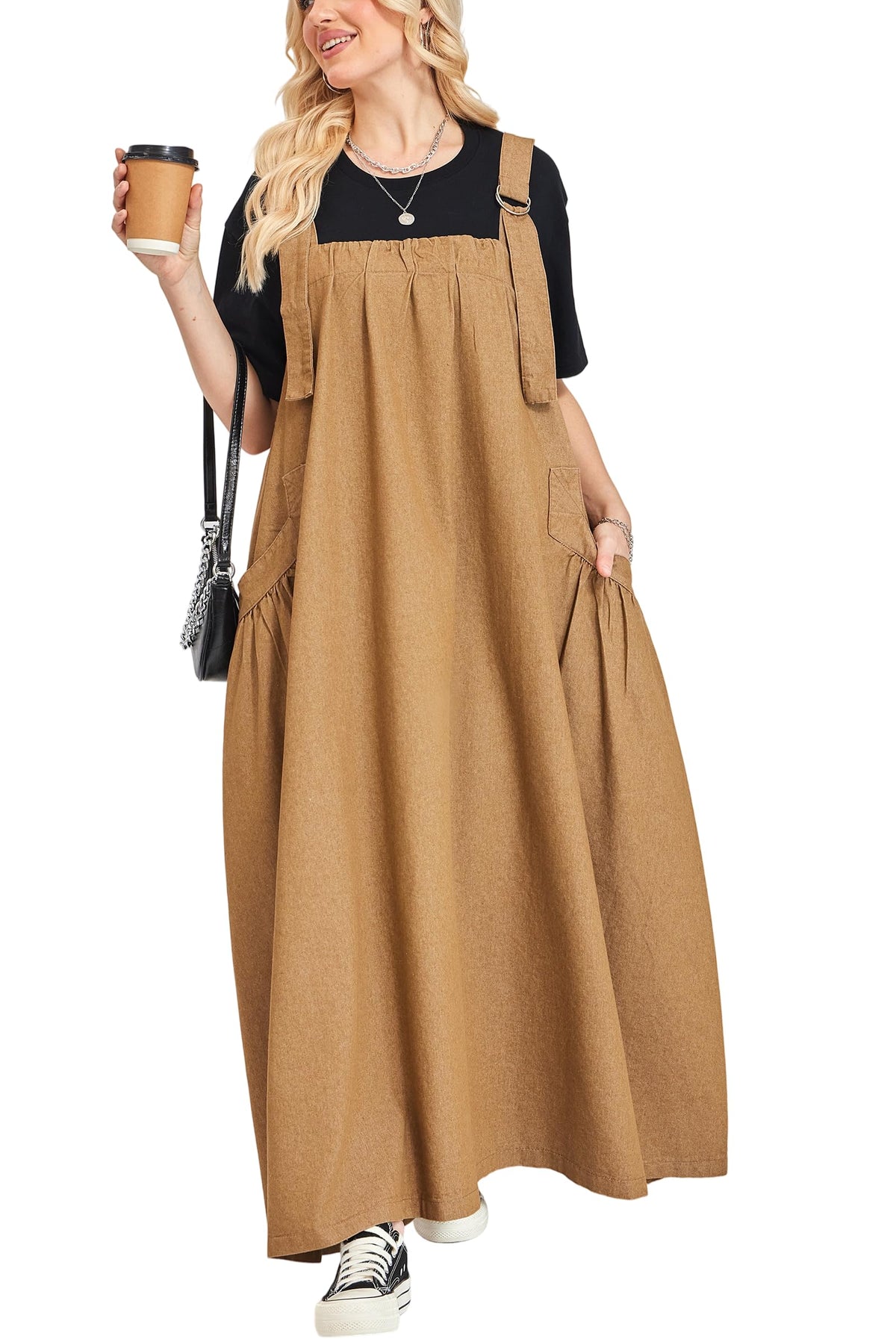 Denim Jumper Dress for Women Loose Version Baggy Style Maxi Length Adjustable Straps Wide Hemline
