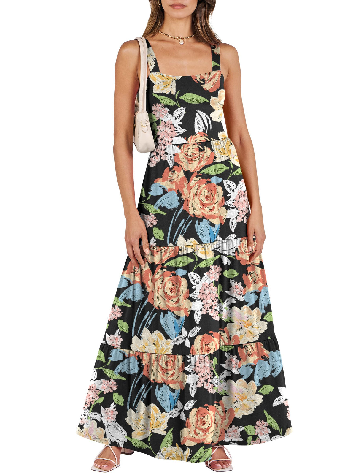 ANRABESS Women's Summer Flowy Maxi Dress Square Neck Sundress with Pockets