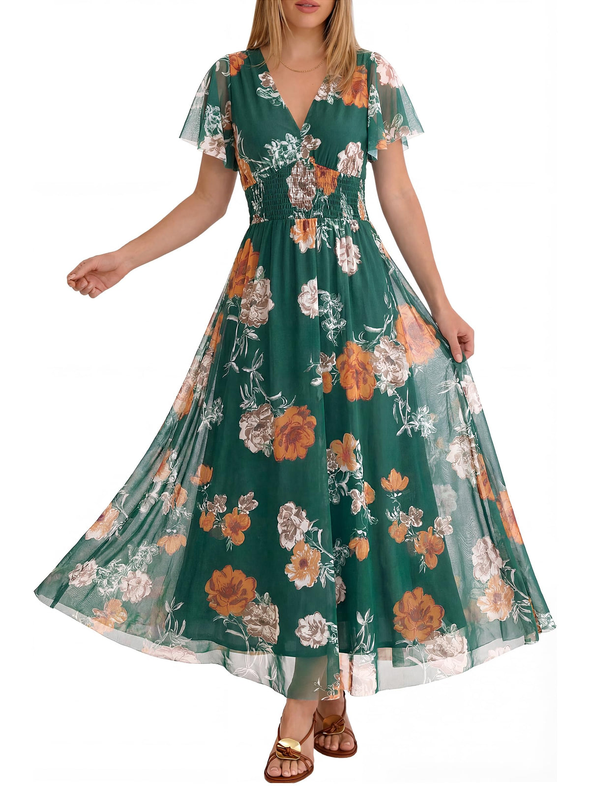 ANRABESS Women's Floral Tulle Wedding Guest Short Sleeve Maxi Dress