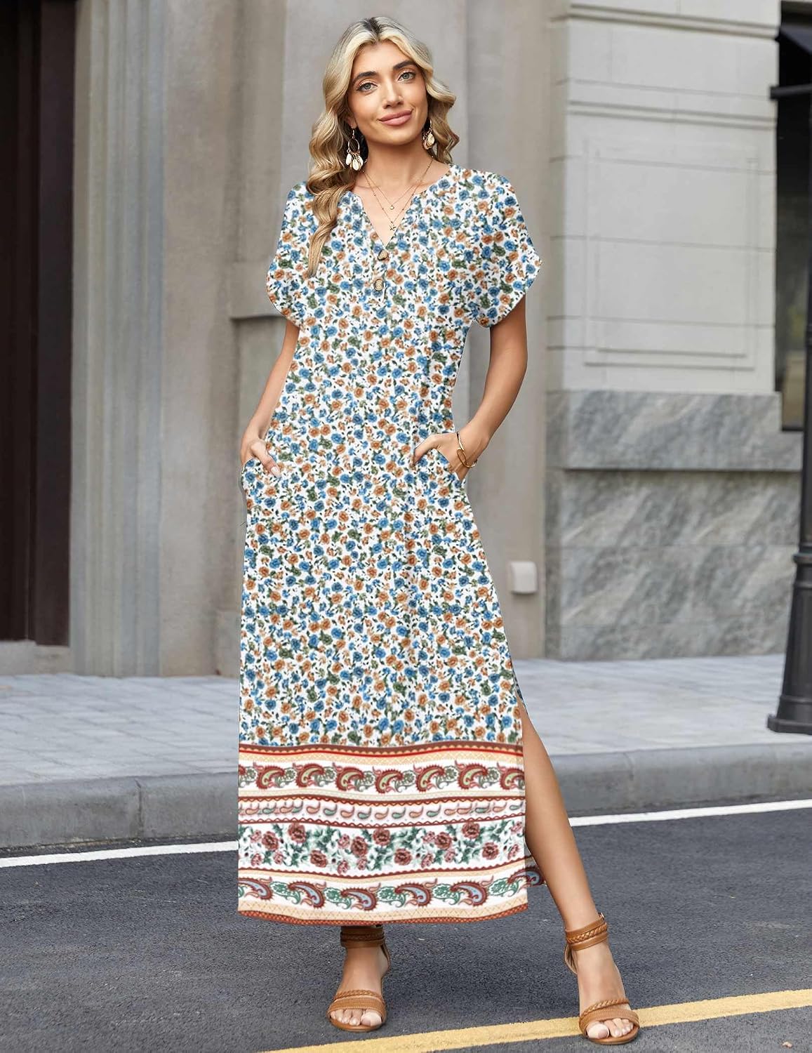 Zeagoo Summer Dresses for Women 2026 Maxi Dresses Vacation Sundress Short Sleeve Casual Sundresses Split Dress with Pockets