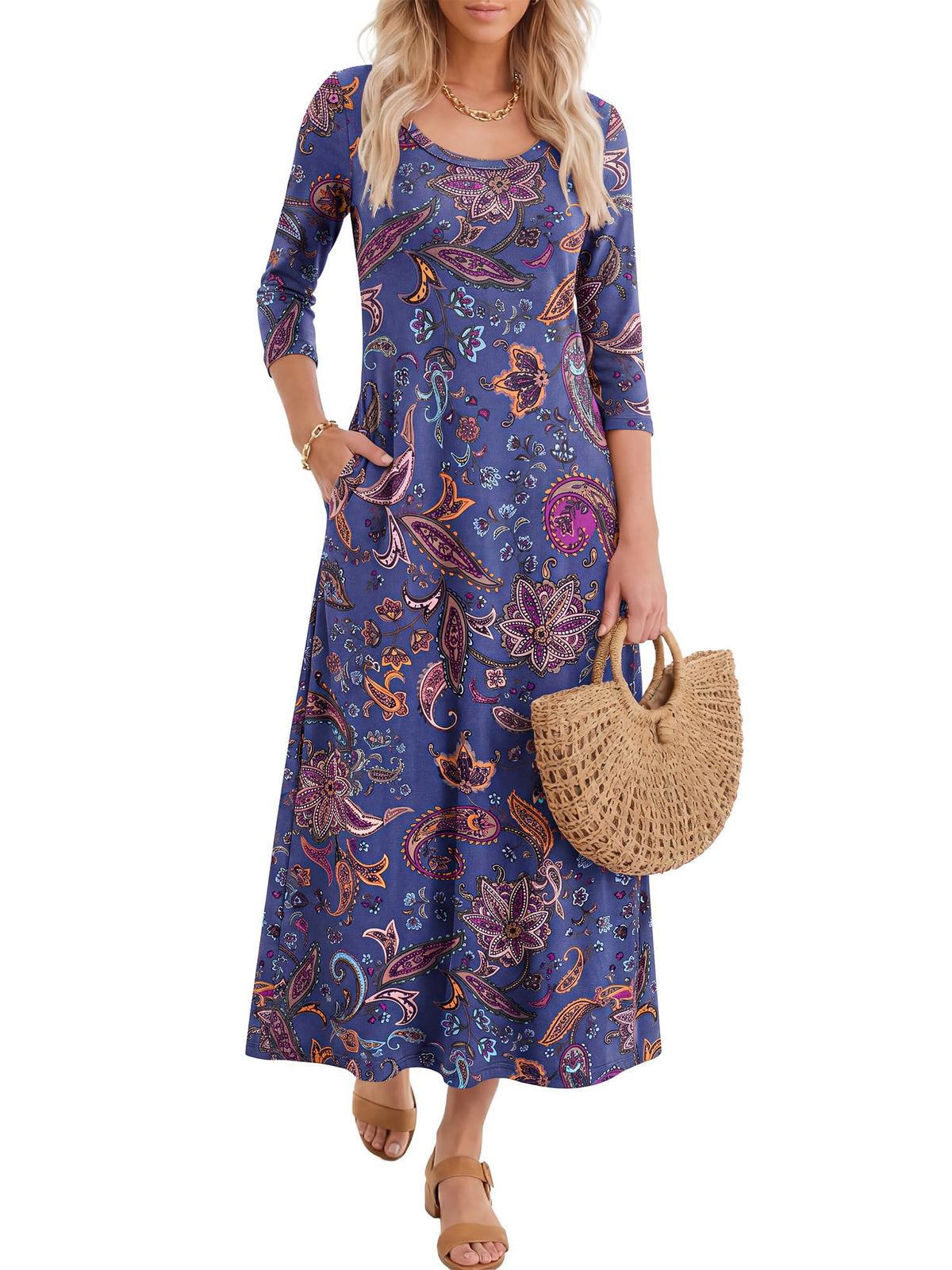 ANRABESS Womens 3/4 Sleeve Scoop Neck Casual Maxi Dress