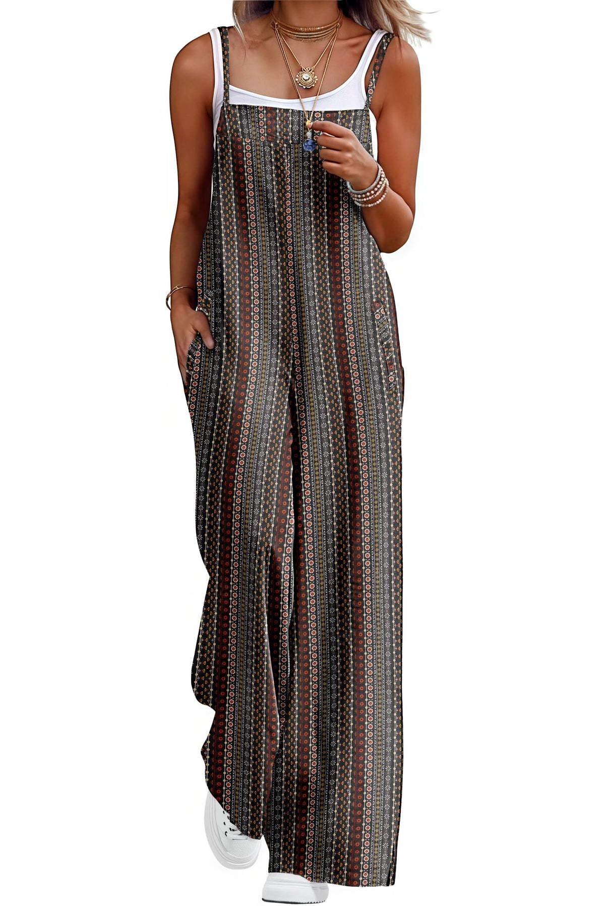 Lepunuo Womens Casual Loose Jumpsuits Summer Boho Wide Leg Rompers Sleeveless Overalls with Pockets