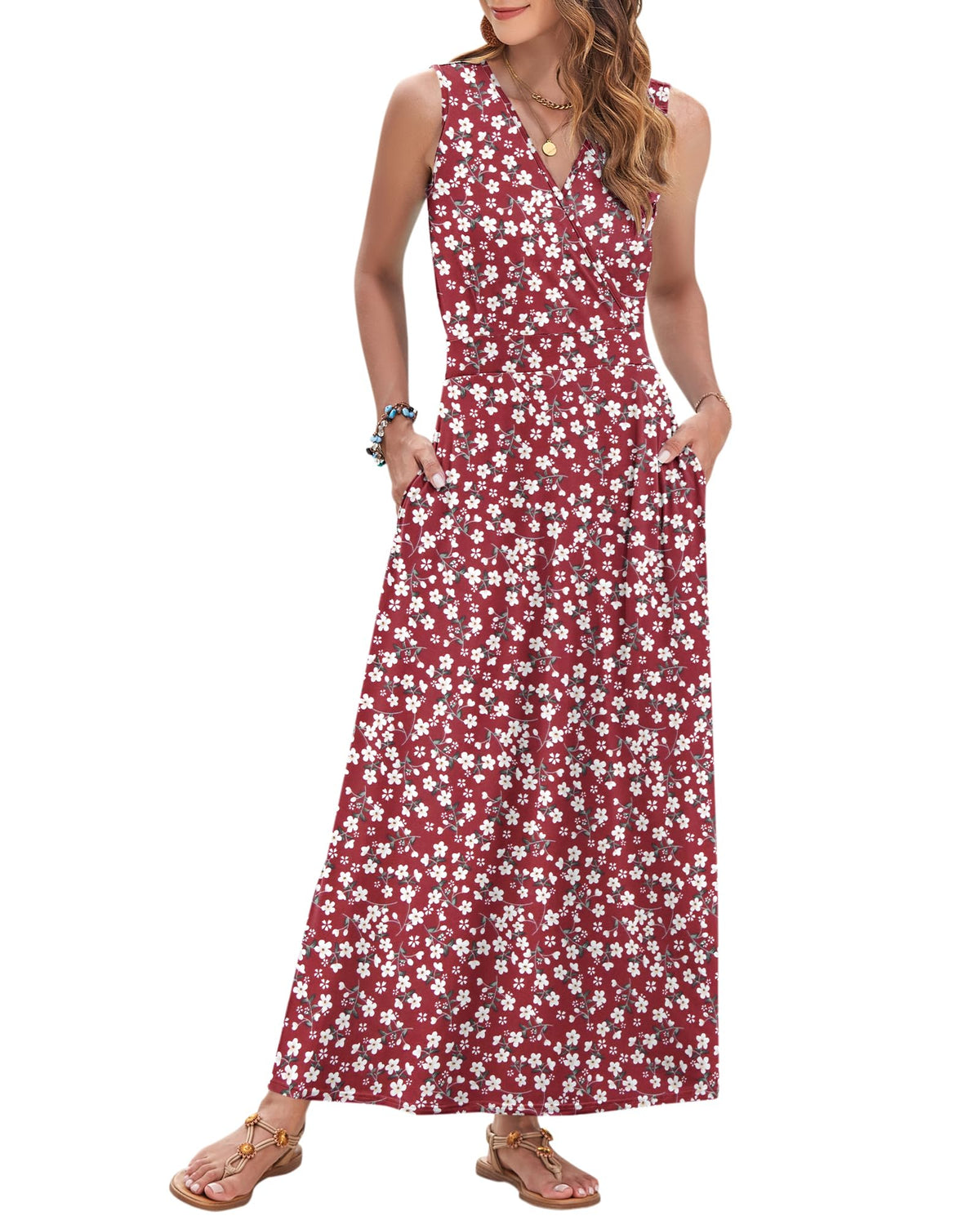 AUSELILY Womens Maxi Dress Summer Sleeveless Wrap Long Dresses with Pockets