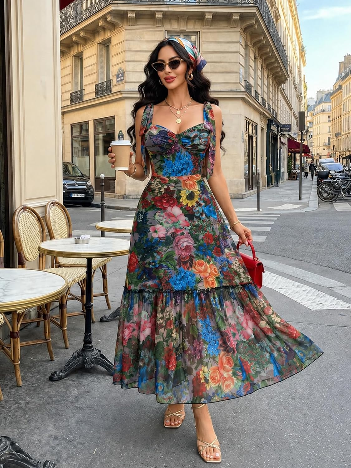 GothDark Women Floral Maxi Dress Ruffle Casual Wedding Guest Dresses