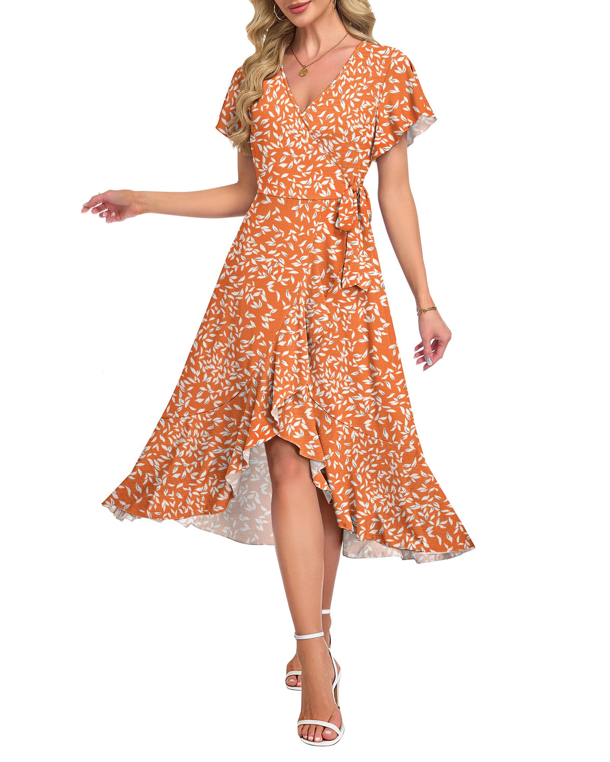 AUSELILY Women Summer Midi Dresses Wrap Short Flutter Sleeve Elegant Dress