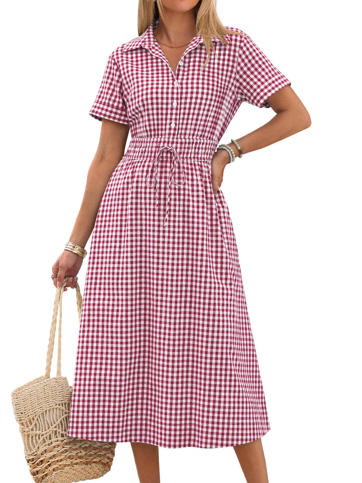 ANRABESS Women Summer Short Sleeve Midi Dress, Striped & Gingham, Casual A-Line Button Collar Shirt Dress, Beach & Vacation
