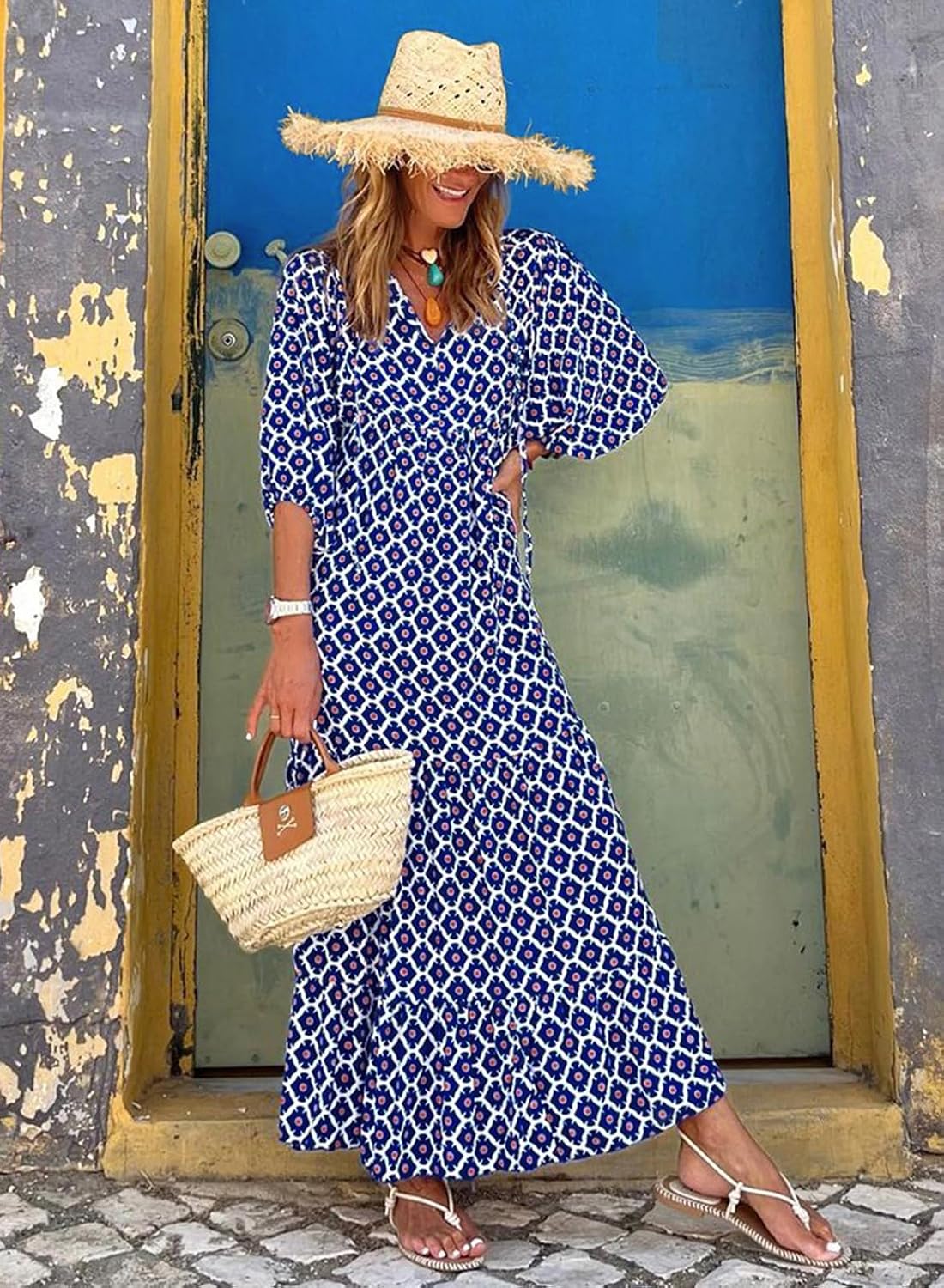miduo Womens Casual V Neck Half Sleeve Bohemian Geometric Maxi Long Dresses