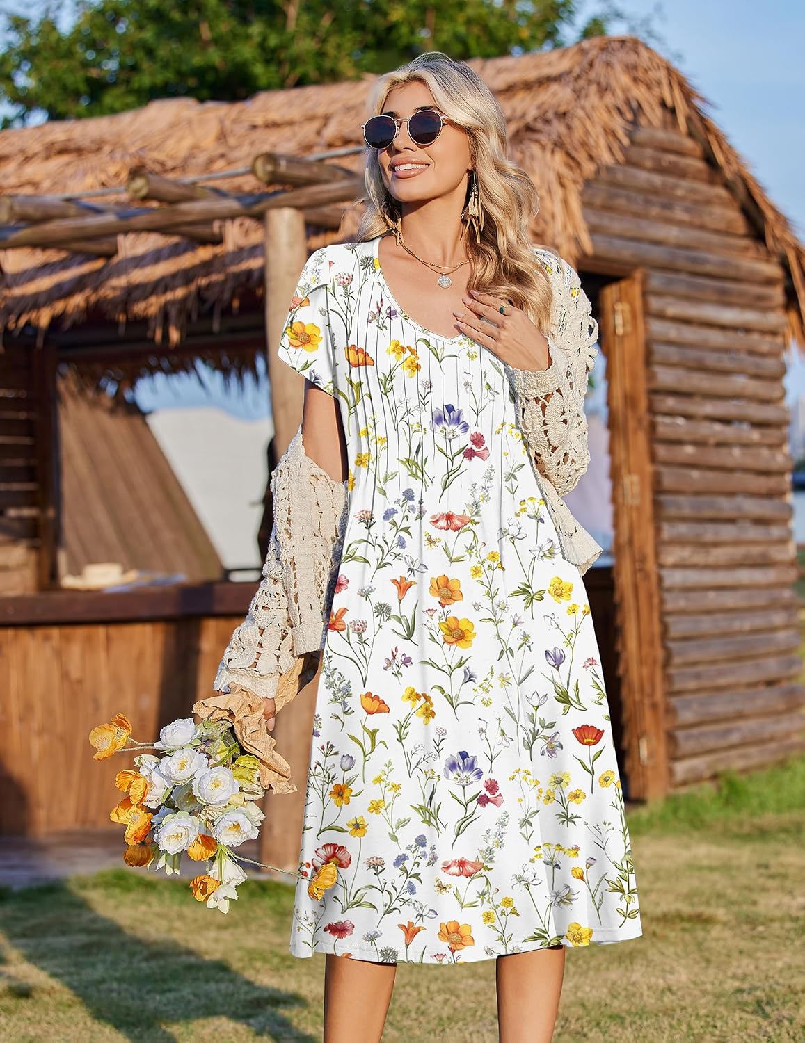 Zeagoo Womens Casual Summer Dress 2026 Short Sleeve Dresses Pleats Midi A Line Flowy Dress Boho Beach Sundress with Pockets