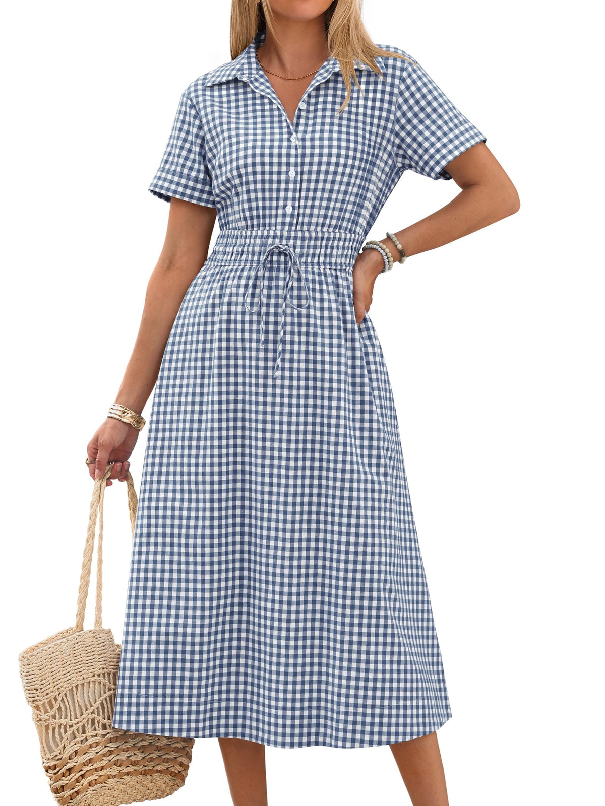 ANRABESS Women Summer Short Sleeve Midi Dress, Striped & Gingham, Casual A-Line Button Collar Shirt Dress, Beach & Vacation