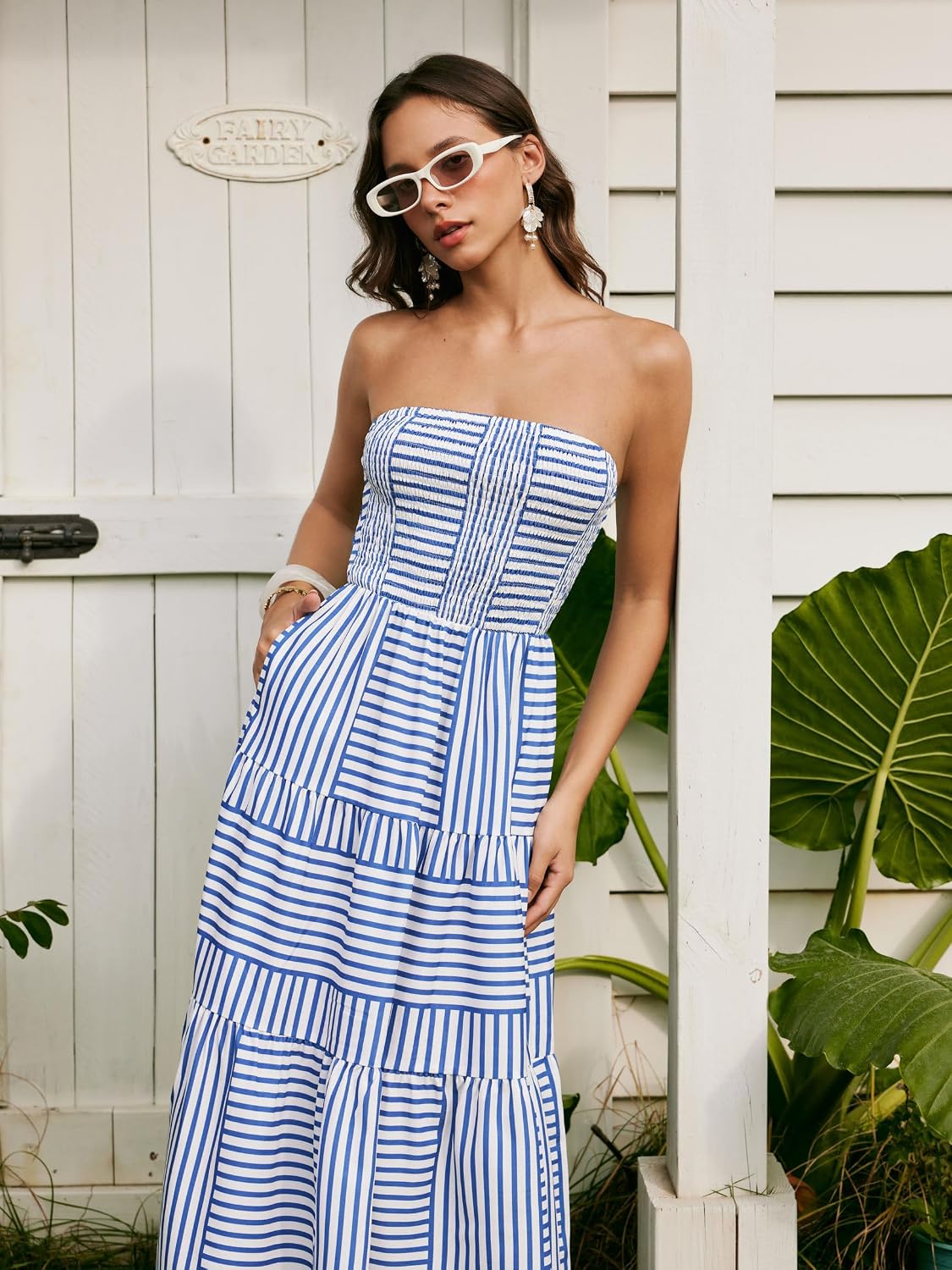 CIDER Women's Strapless Dress with Pockets Tube Striped Long Midi Dresses A Line Beach Vacation Casual Summer Outfits