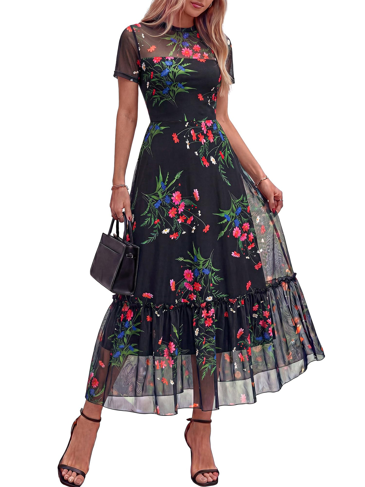 BTFBM Womens Mesh Ruffle Boho Cocktail Dresses