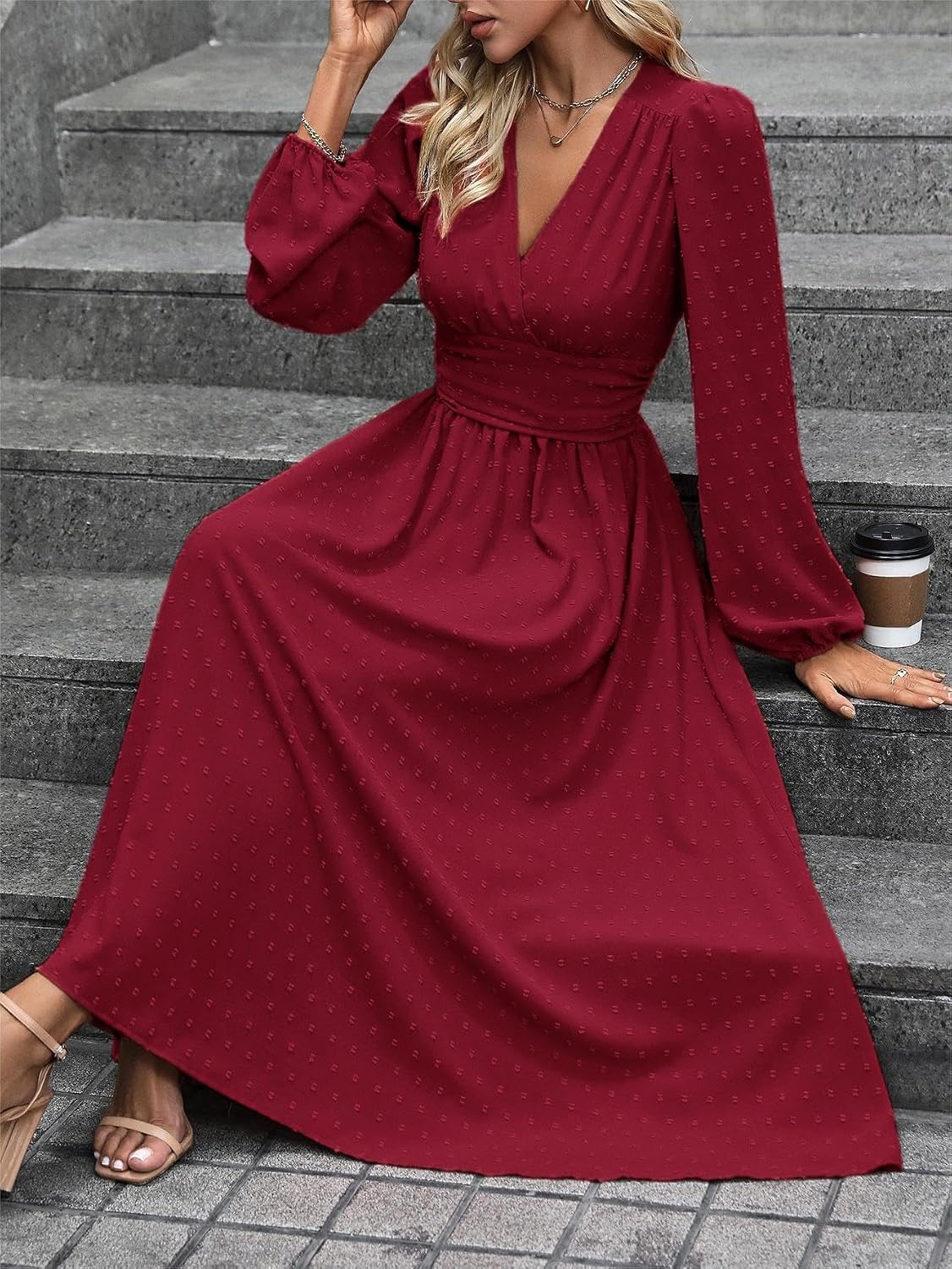 Mettclasi Women's Spring Fall Swiss Dot V-Neck Midi Dress Casual Puff Long Lantern Sleeve A-Line Flowy Wedding Guest Dress