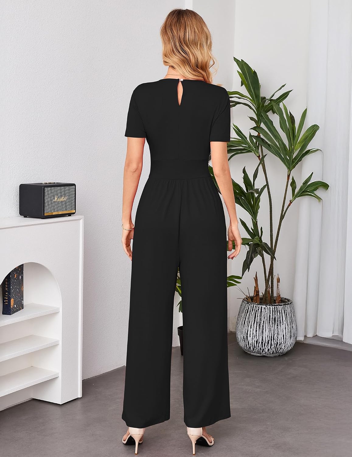 LOOKBOHO Women Jumpsuits Dressy Casual Short Sleeve Wide Leg Pants Rompers