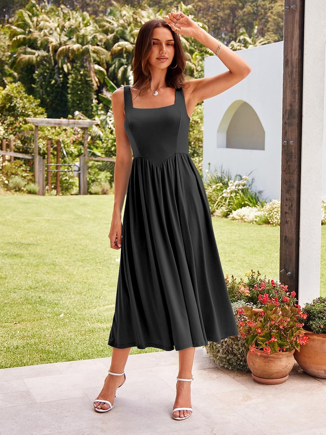 Sureple Midi Dresses for Women 2026 Spring Square Neck Tank Sleeveless A Line Casual Summer Sundresses with Pockets