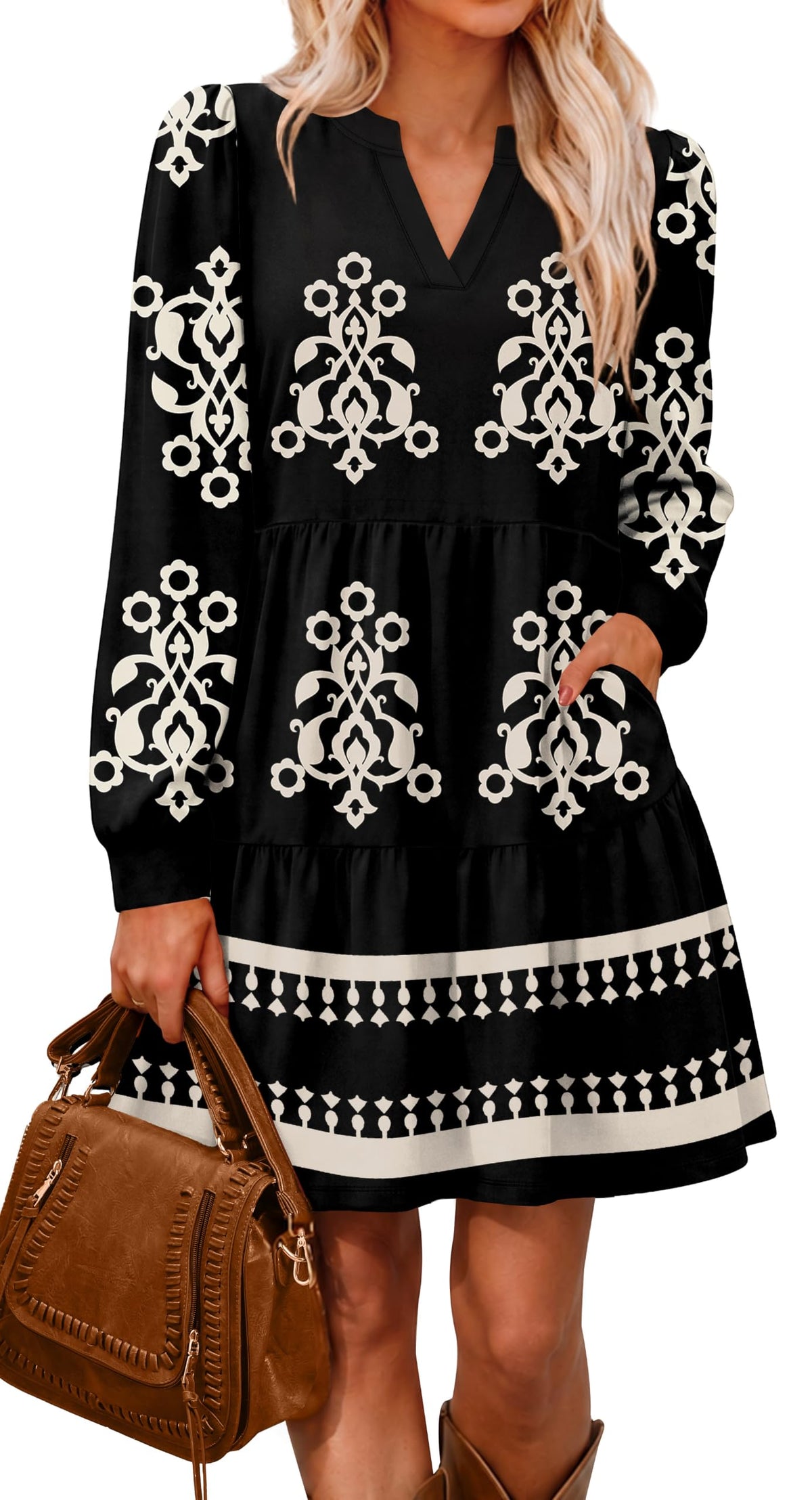 OFEEFAN Fall Dresses for Women V Neck Long Sleeve Tiered Dress with Pockets