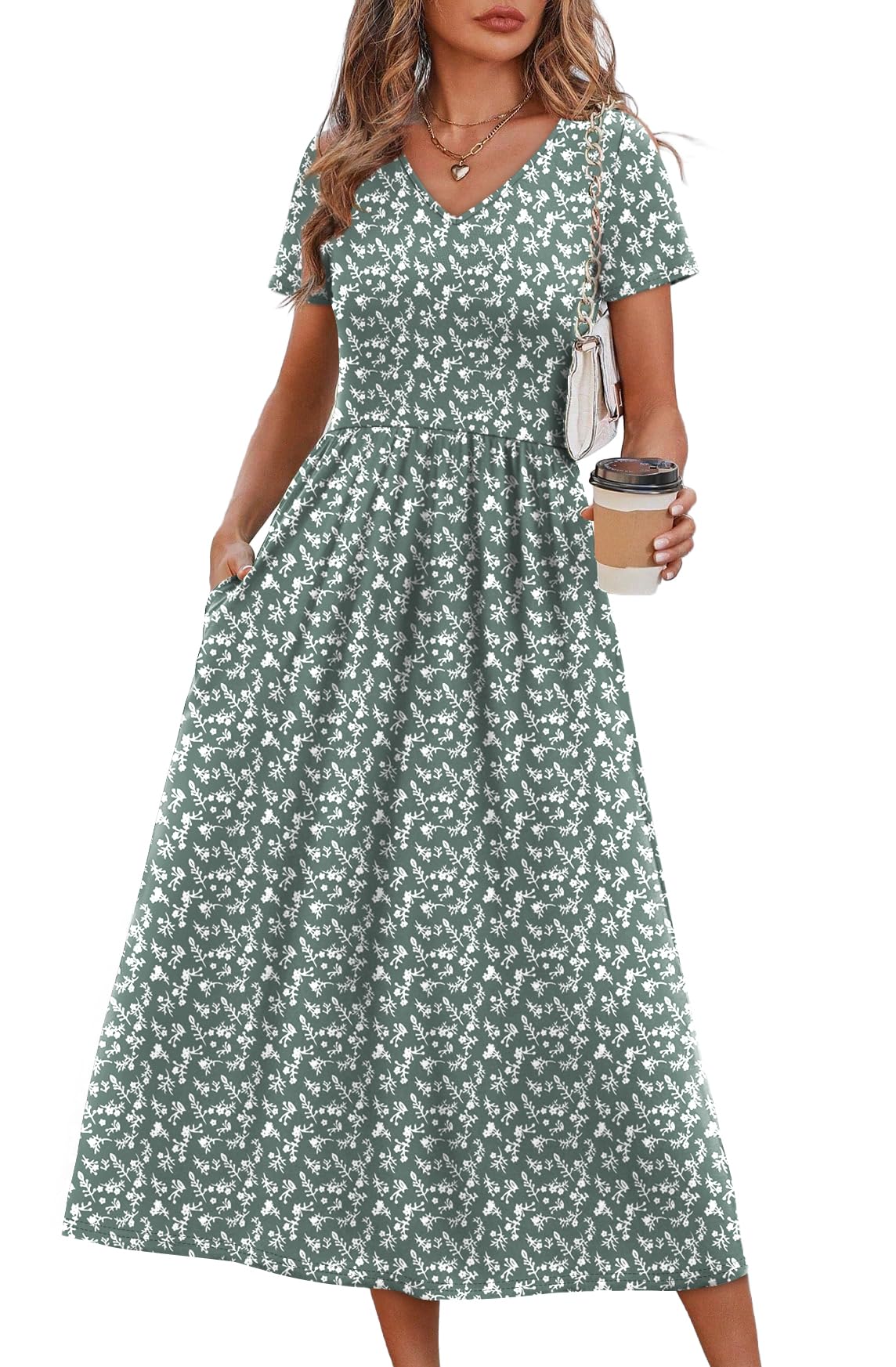 OFEEFAN Summer Dresses for Women Flowy Casual A-Line Midi Dress Beach Vacation Sundresses with Pockets S-2XL