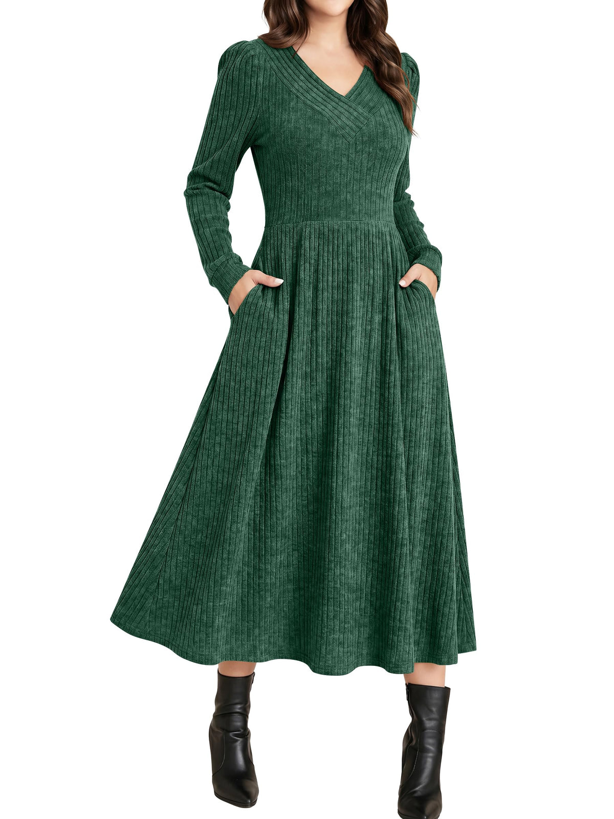 ANRABESS Womens Long Sleeve V Neck A Line Fall Midi Dress
