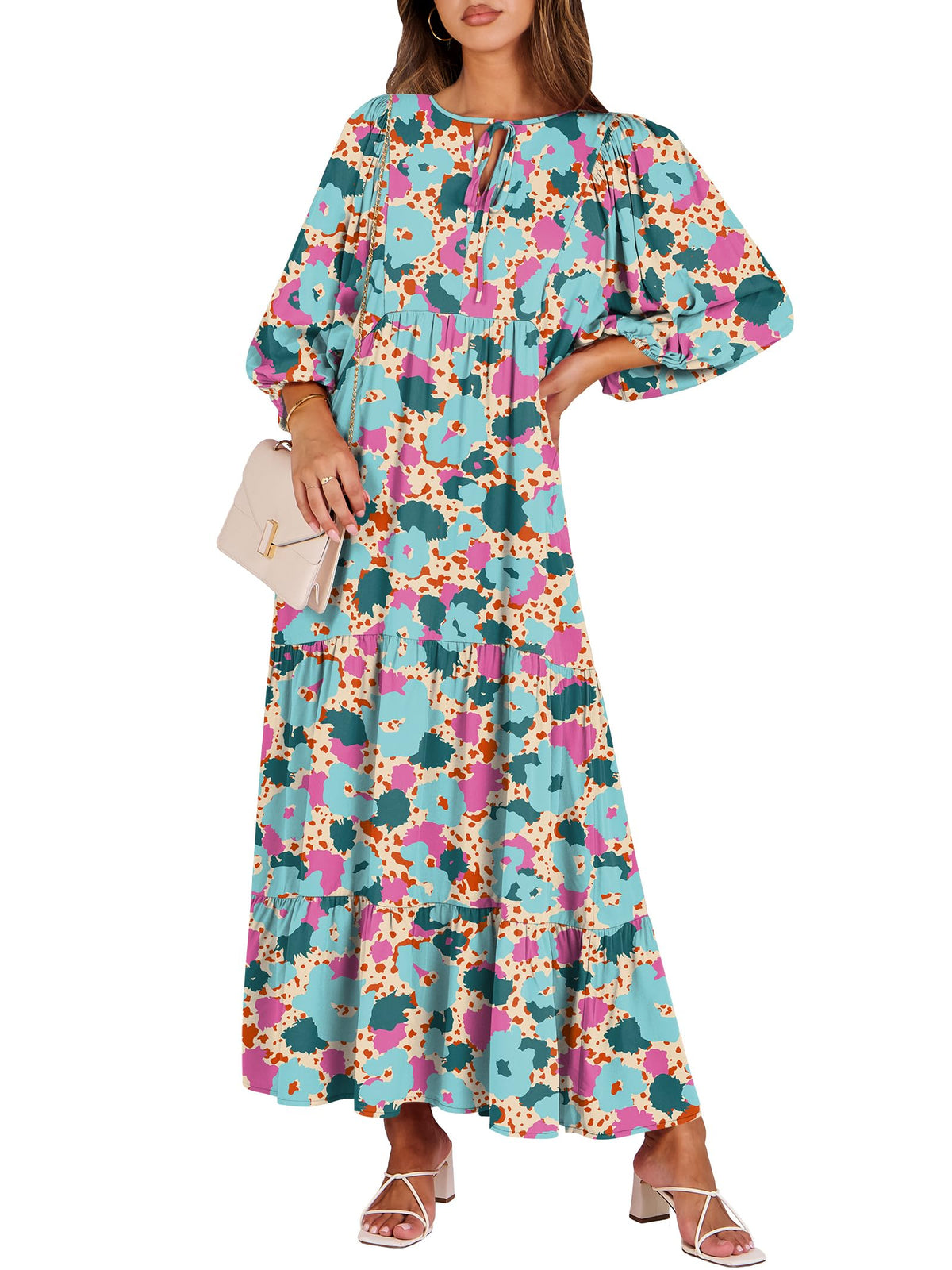 ANRABESS Womens Boho Floral 3/4 Puff Sleeve Maxi Dress