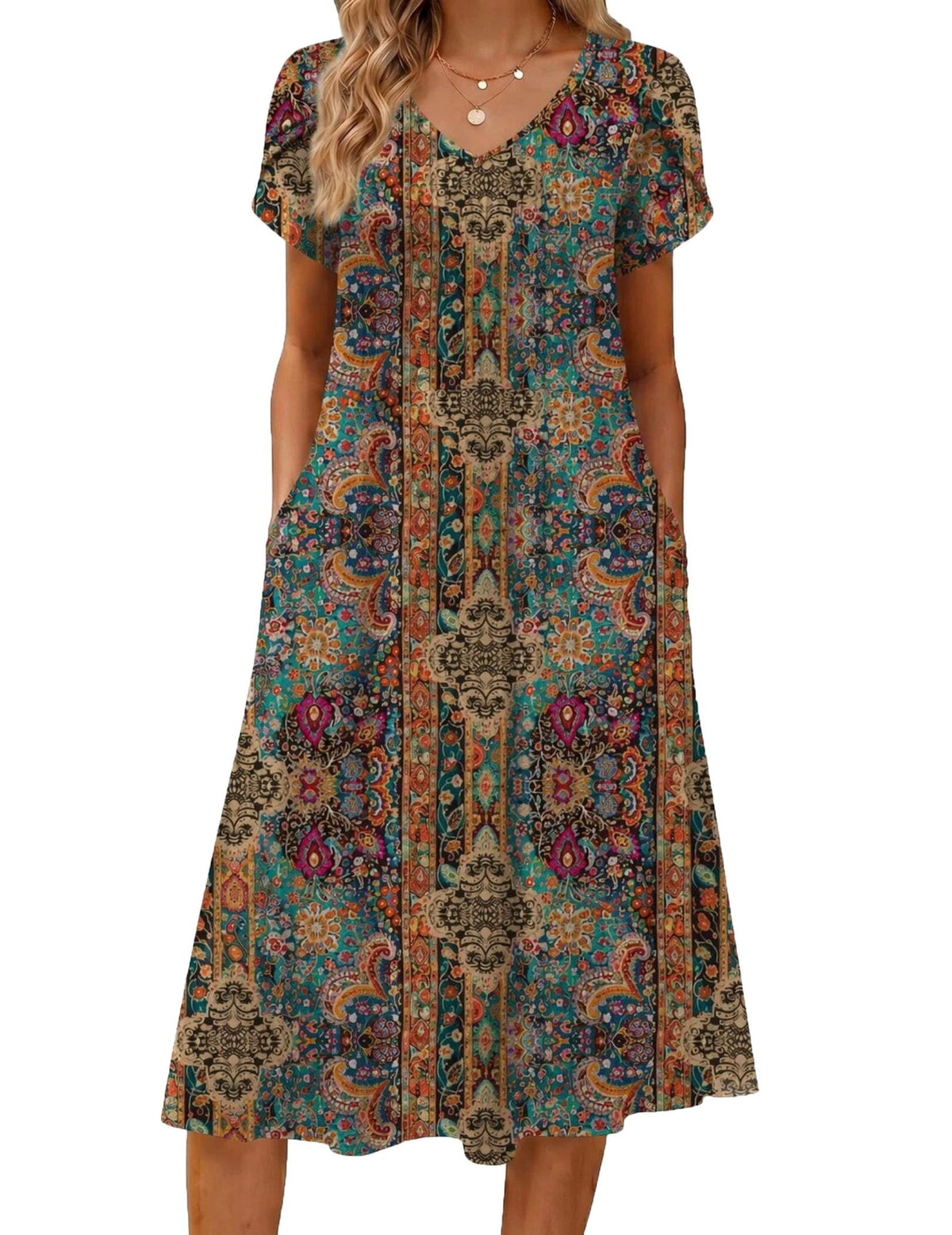 Zeagoo Womens Casual Summer Dress 2026 Short Sleeve Dresses Pleats Midi A Line Flowy Dress Boho Beach Sundress with Pockets