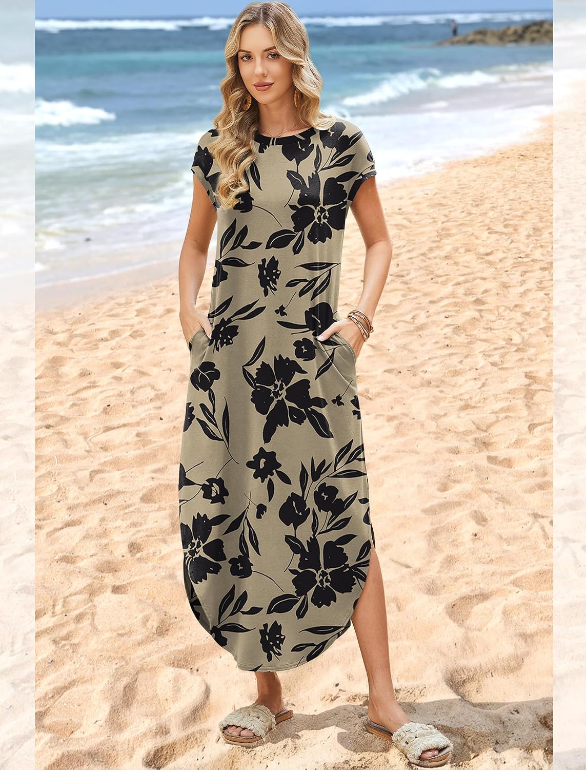 WIHOLL Summer Dresses Cap Sleeve Crewneck Maxi Long Casual Dress with Pockets Beach Vacation Sundresses 2026 Trendy