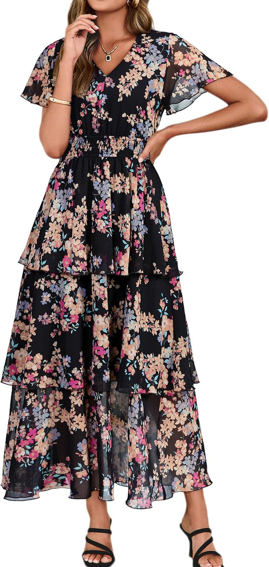 Simplee Women Floral Summer Maxi Dress Boho Flowy Ruffle Tiered Short Sleeves V Neck Long Wedding Guest Dresses