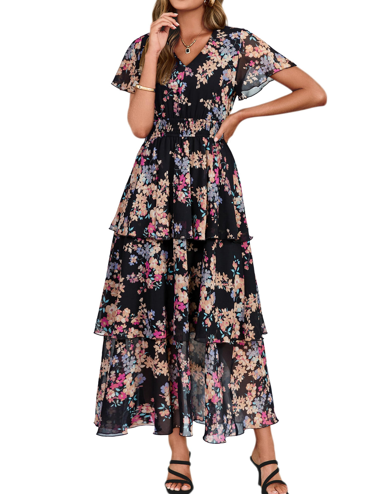 Simplee Women Floral Summer Maxi Dress Boho Flowy Ruffle Tiered Short Sleeves V Neck Long Wedding Guest Dresses