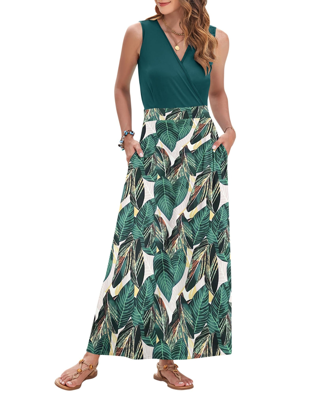 AUSELILY Womens Maxi Dress Summer Sleeveless Wrap Long Dresses with Pockets